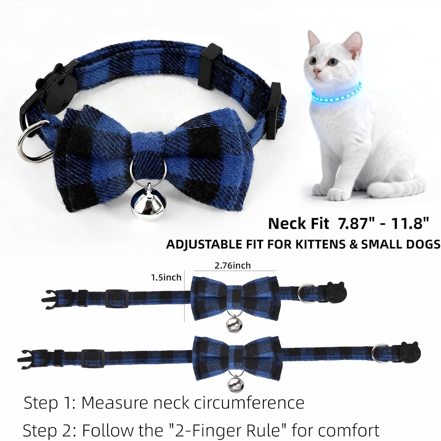 Plaid Breakaway Cat Collar with Bell & Removable Bow Tie – Cotton Kitten Collar with Bells for Boy Cats or Small Dogs. Adjustable Size 7.5-12.2in (3, Red/Green/Navy) image 5