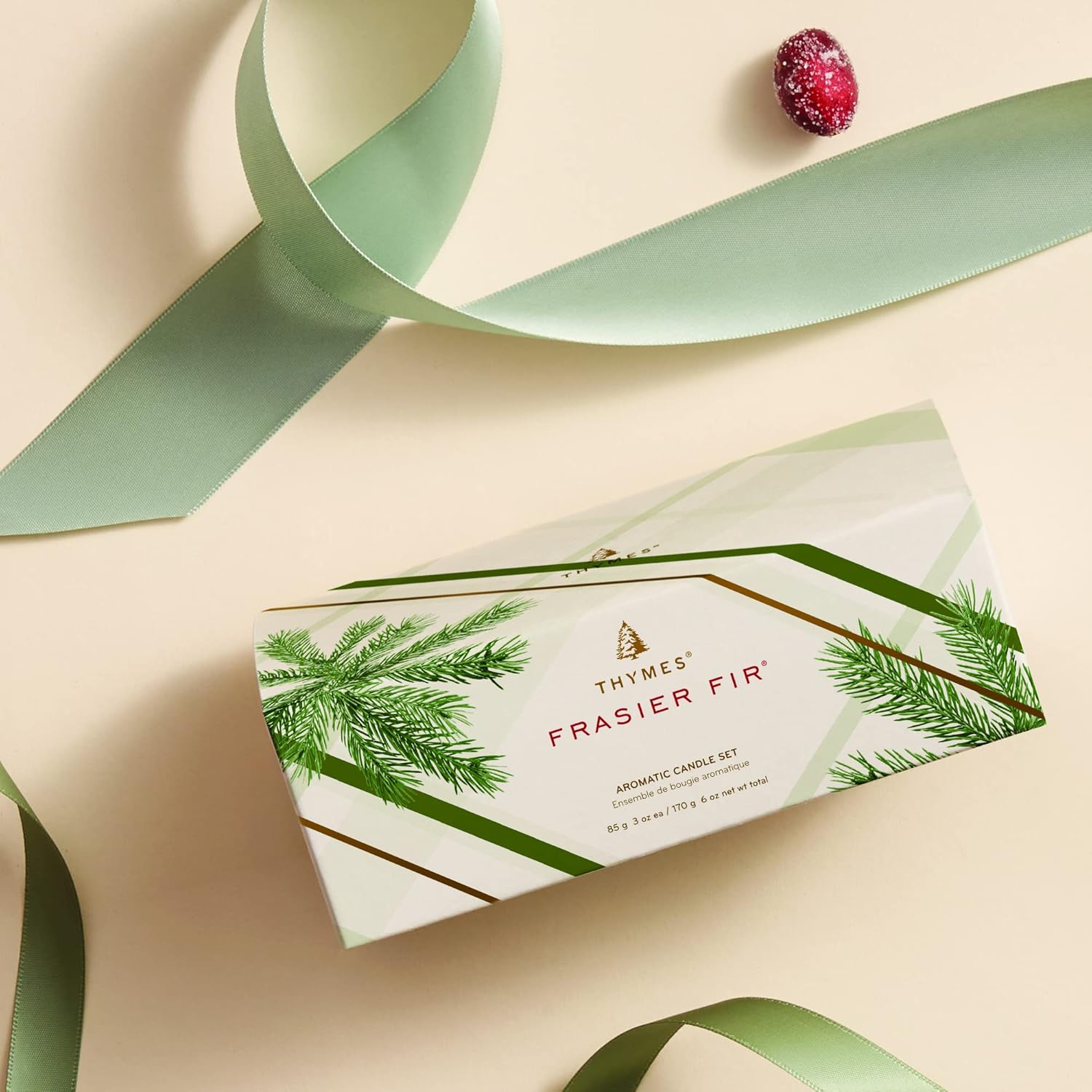 Thymes Frosted Plaid Frasier Fir Candle Set – Scented Candle Set with Notes of Crisp Siberian Fir, Cedarwood and Sandalwood – Luxury Home Fragrance - 3 Oz (2 Pack)