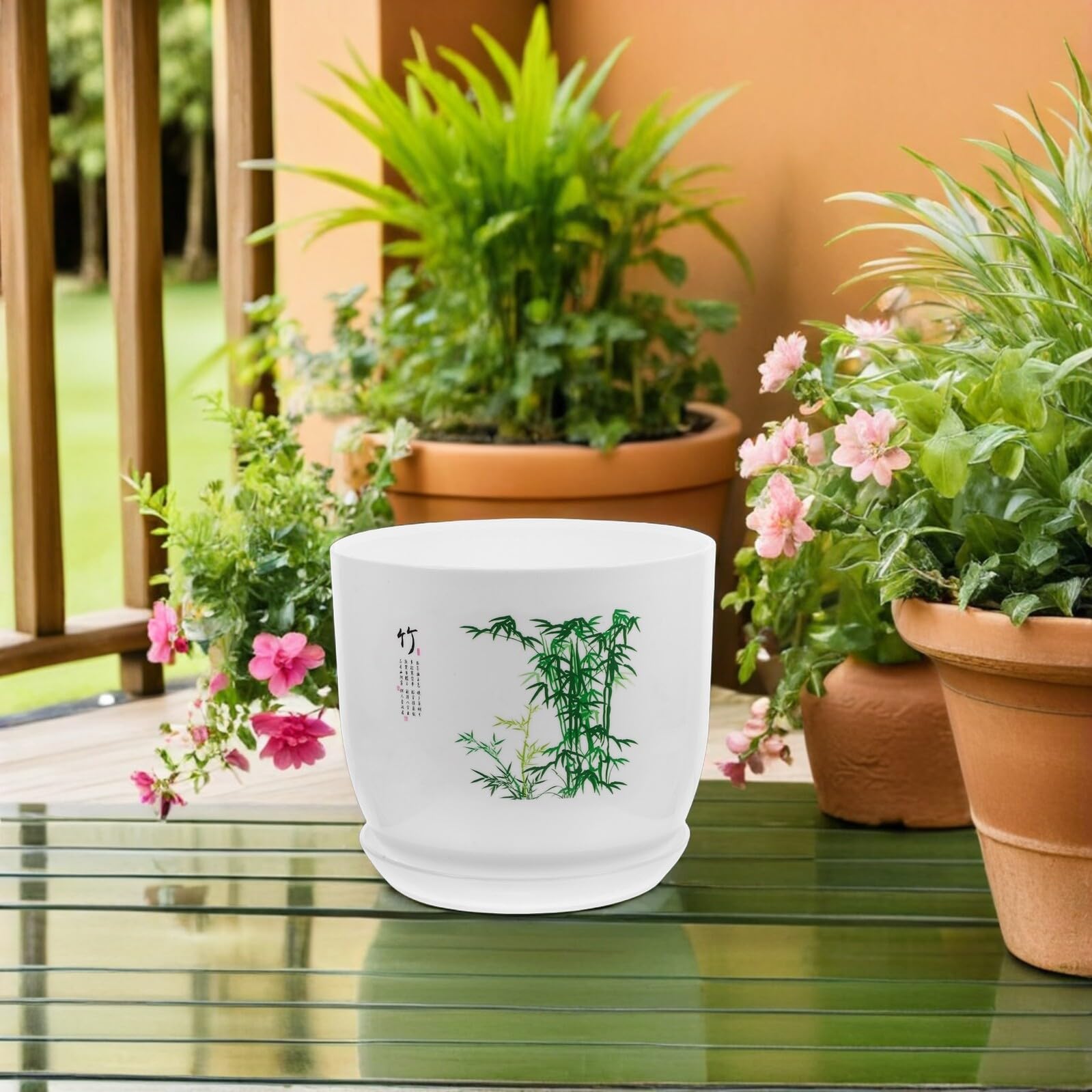 Dekoracyjna doniczka imitująca ceramikę z podstawką, lekka plastikowa donica na storczyki i sukulenty, z odpływem, idealna do hydroponicznych, ogrodów, balkonów i bonsai, 30x25 cm