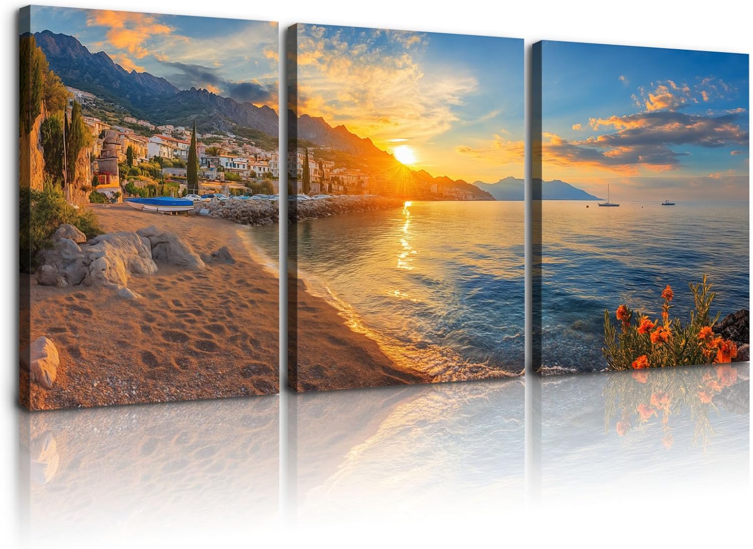 Wewejia 3 Pieces Ocean Landscape Canvas Wall Art, Coastal Wildflowers Art Prints Large Living Room Coastal Landscape Wall Art Bedroom Mural Kitchen Home Office Wall Decor - 24"x36"x3