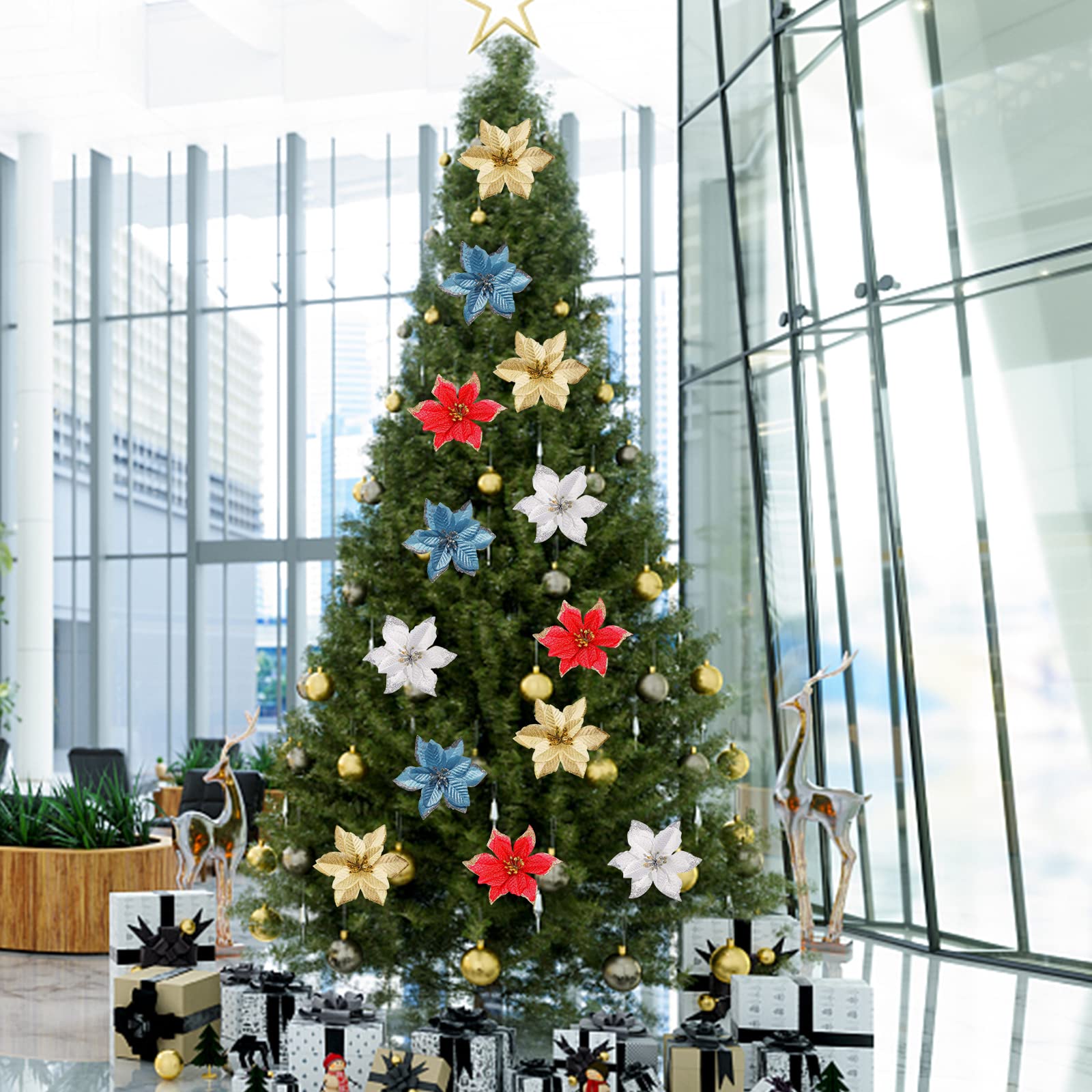 30 Fiori Di Natale Artificiali Con Glitter E Clip – Oro, Rossi E Argentati – Perfetti Per Albero E Decorazioni Natalizie