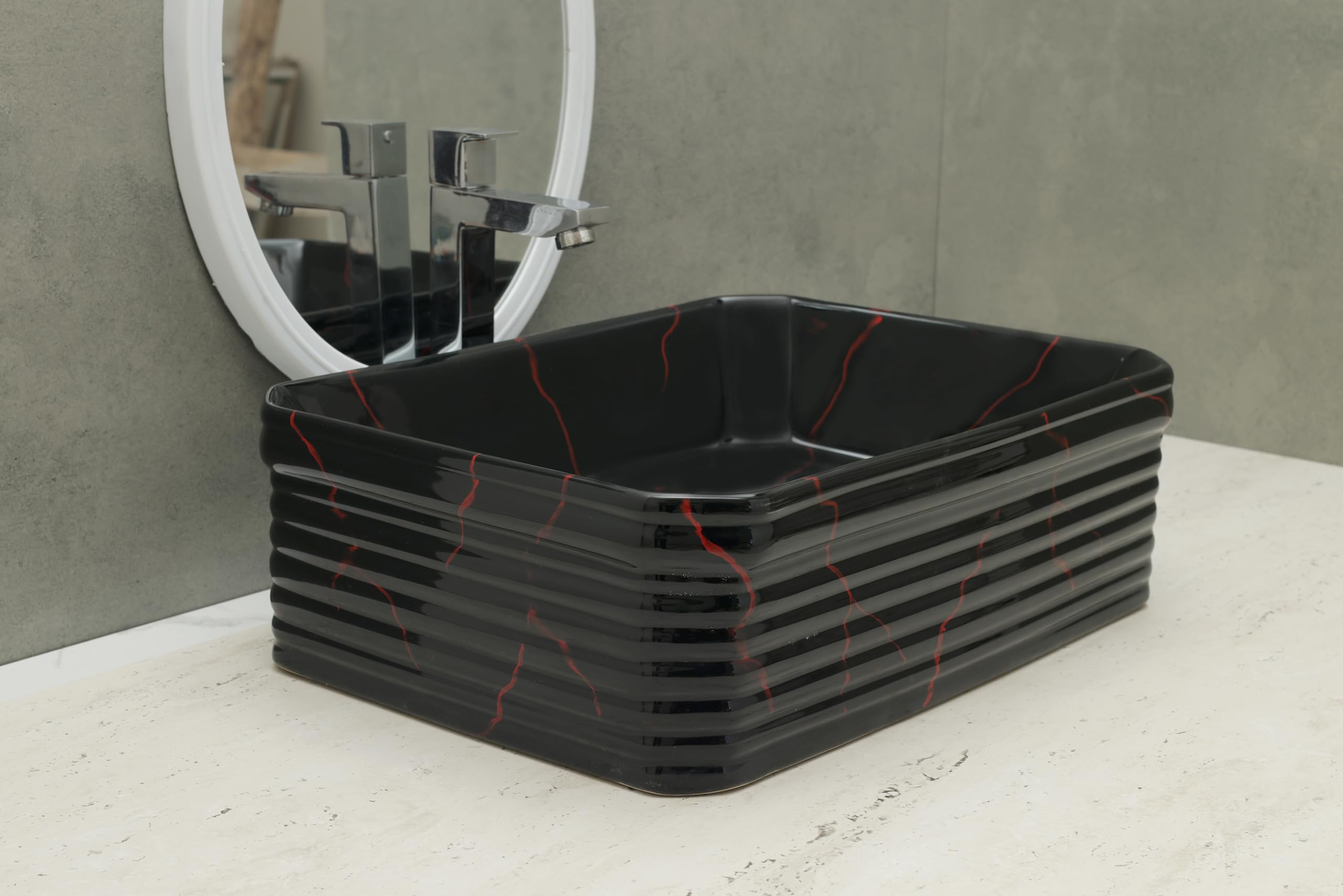 HISRE Table Top Wash Basin For Bathroom | Over Counter Top Wash Basin For Living Room | Washbasin Countertop | Tabletop Ceramic Bathroom Kitchen Sink (18 x 14 x 6 Inch) (Style - 2) AM3206, photo 2 of 4