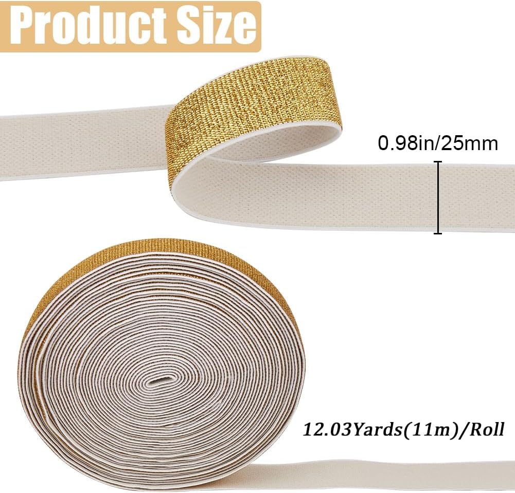 GORGECRAFT 12 Yards Gold Glitter Elastic Bands 0.98in/2.5cm Wide Metallic Stretch Sewing Band Woven Knit Ribbon Spool Headband for Crafting Waistband Pants Waist Webbing Garment Clothes Accessory
