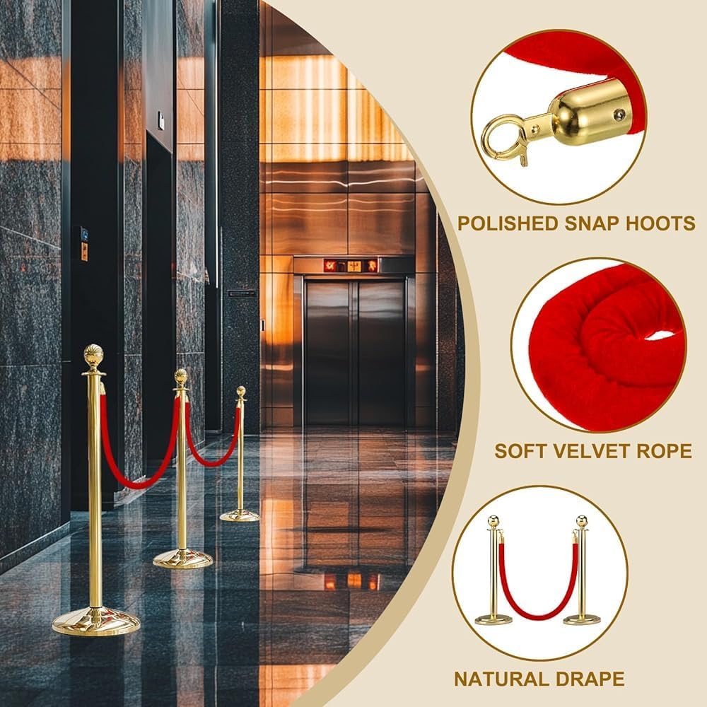 2 Pcs 4ft Red Velvet Stanchion Rope with Gold Hooks - Luxury Safety Barrier Ropes for Events, Movie Theaters, Grand Openings, Hotels, and Parties