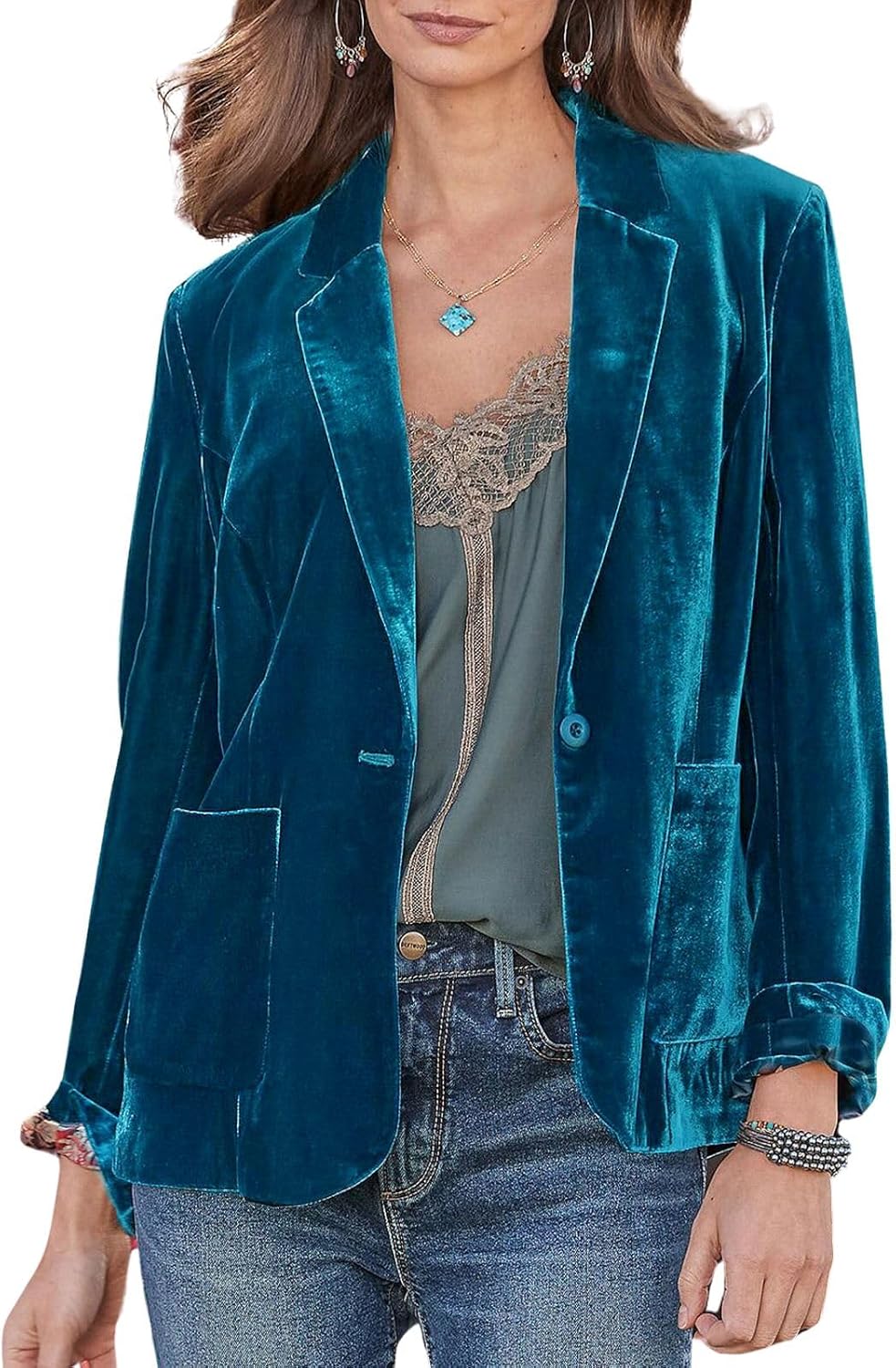 CHARTOU Casual 1 Button Velvet Jacket Women Velvet Cardigan Blazer Office Work Short Coat Suit Jacket with Pocket