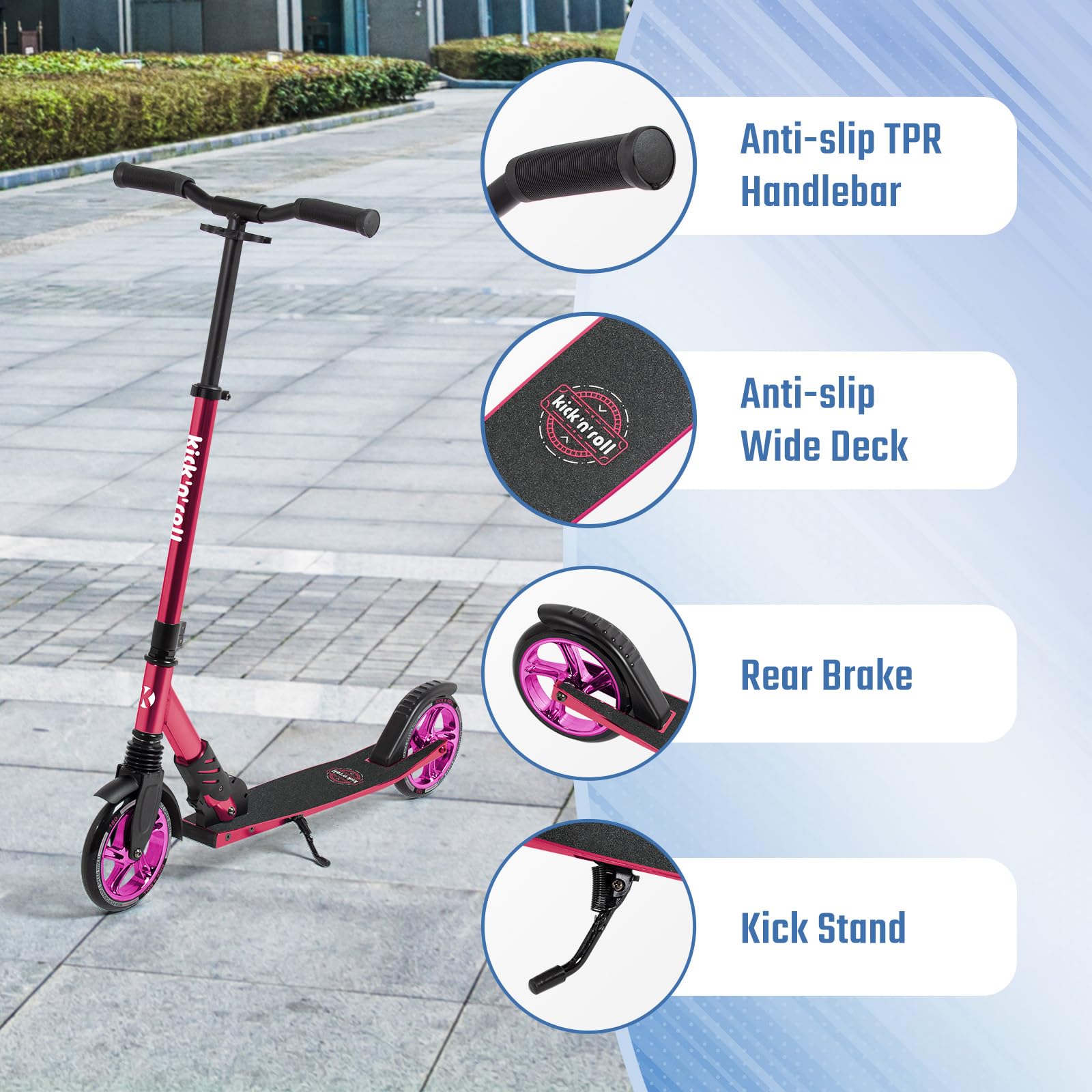 Leogreen Trottinette Scooter Pliable Trottinette Stableen Aluminium | Hauteur de Guidon Réglable, avec Béquill, Roues à 180 mm, pour Adultes et Adolescents à 100kg
