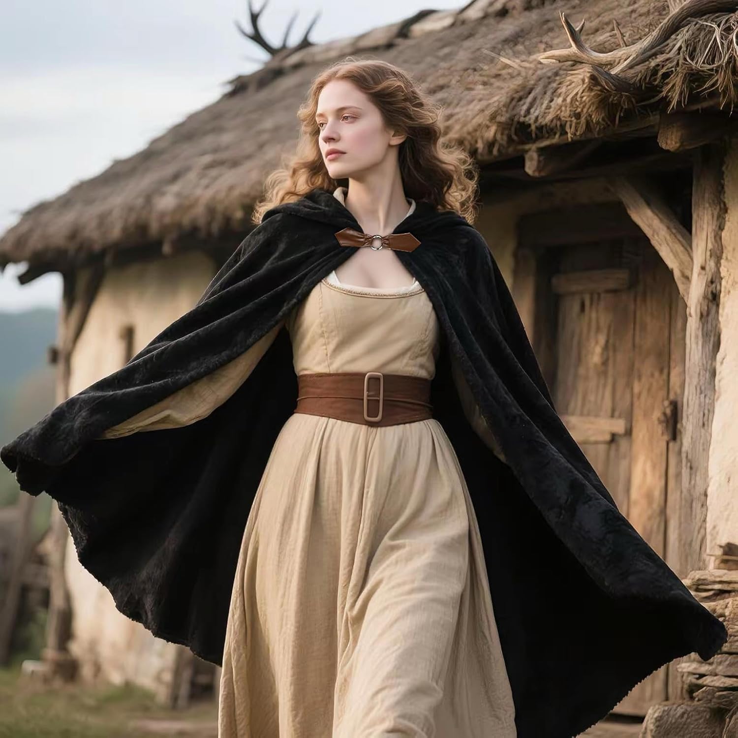 Joukavor Velvet Hooded Cloak Medieval Renaissance Cape with Hood for Men Women Halloween Costume - Image 4