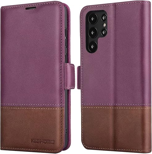 KEZiHOME Funda para Galaxy S22 Ultra, piel auténtica bloqueo RFID Samsung S22 Ultra 5G, funda tipo cartera con ranura para tarjetas, soporte