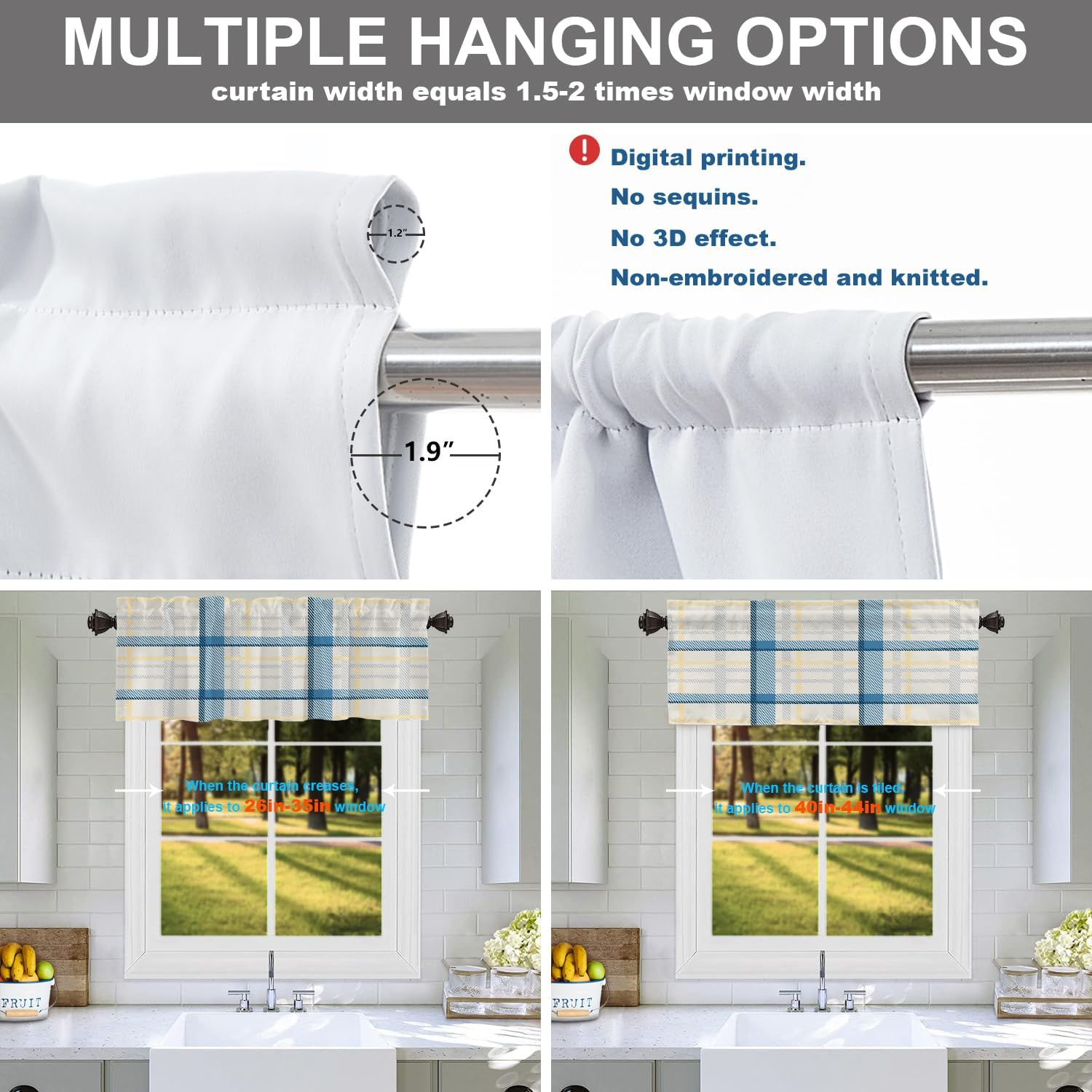 Batmerry Yellow Gingham Valance Curtains, Check Plaid Tile Blue Gray Yellow Window Treatment Kitchen Valances Multilayer Polyester Blackout for Living Room/Bathroom, 2 Pack 52x16 inches