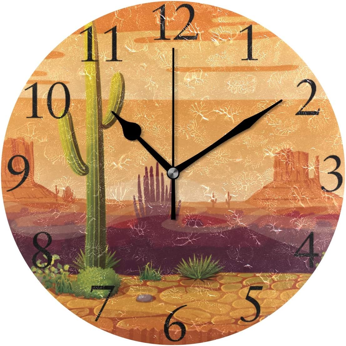 susiyo Desert Cactus at Sunset Wall Clock 9.8 Inch Silent Round Wall Clock Battery Operated Non Ticking Creative Decorative Clock for Kids Living Room Bedroom Office Kitchen Home Decor