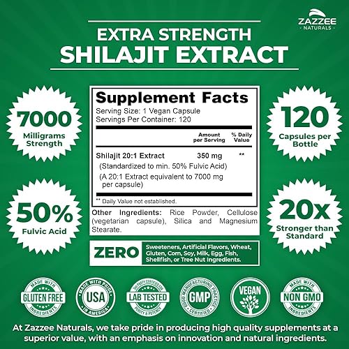 Miniatura 3 de Zazzee Extracto orgánico 100% puro de Shilajit del Himalaya 201, 7000 mg de fuerza por cápsula, 50% ácido fúlvico, 120 porciones por botella, 20