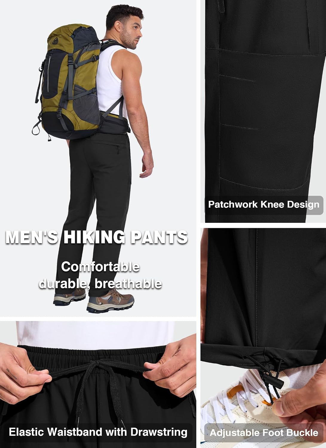 Men's Hiking Pants UPF 50+ Lightweight Water Resistant Travel 5 Zipper Pockets Sun Protection Running Joggers Outdoor