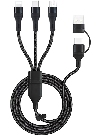 100W متعدد 3 في 2 كابل شحن سريع 10 قدم، أسود طويل نايلون مضفر،3 في 2 USB A/C إلى USB-C Lightning Micro Connectors لأجهزة iPhone 15/15 Plus، سامسونج S24/S23، أجهزة متعددة، أجهزة الكمبيوتر المحمولة، الهاتف، الكمبيوتر اللوحي