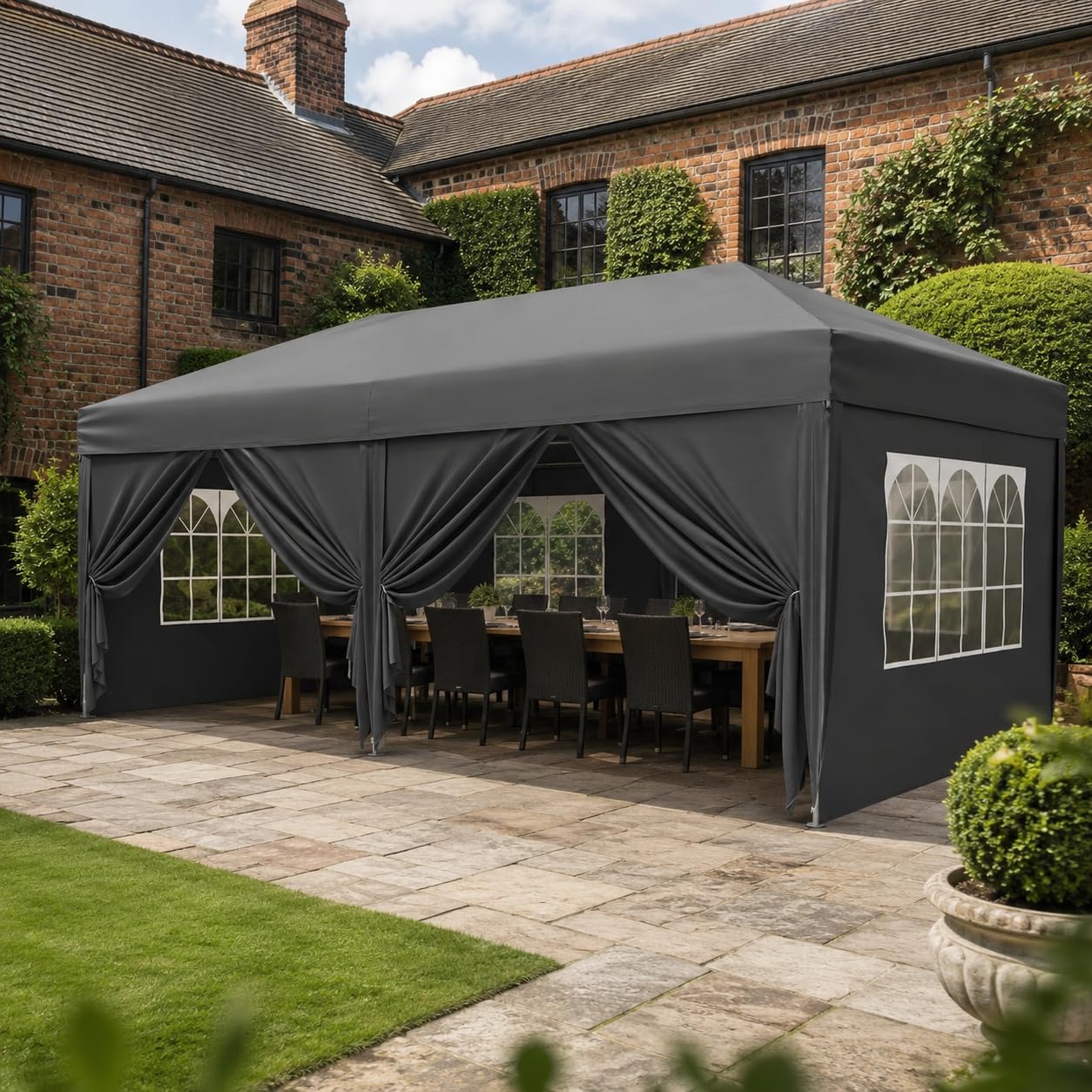 GarveeMore 3x6m Pop Up Gazebo with 6 Sidewalls - Tool-Free Setup, Waterproof 150D Oxford UPF 50+ Heavy Duty Canopy with Carry Bag, Pegs, Ropes & Sandbags for Garden, Trade Shows, Events (Grey)