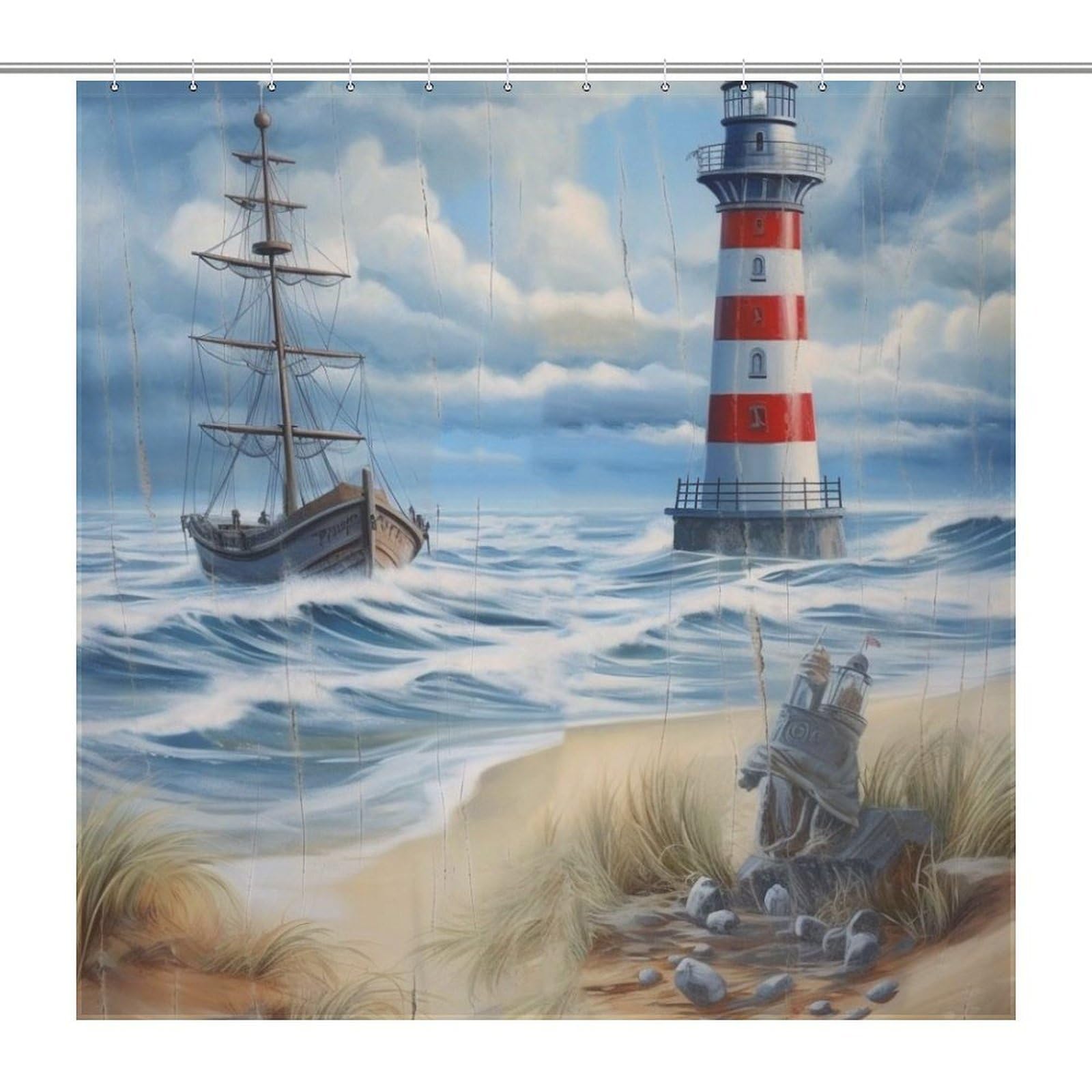 Nautical Beach Shower Curtains, Lighthouse Ocean Coastal Anchor Compass Sailboat Beach Polyester Waterproof Cloth Bathroom Curtain with 12 Hooks 60x72Inch（152x183cm）