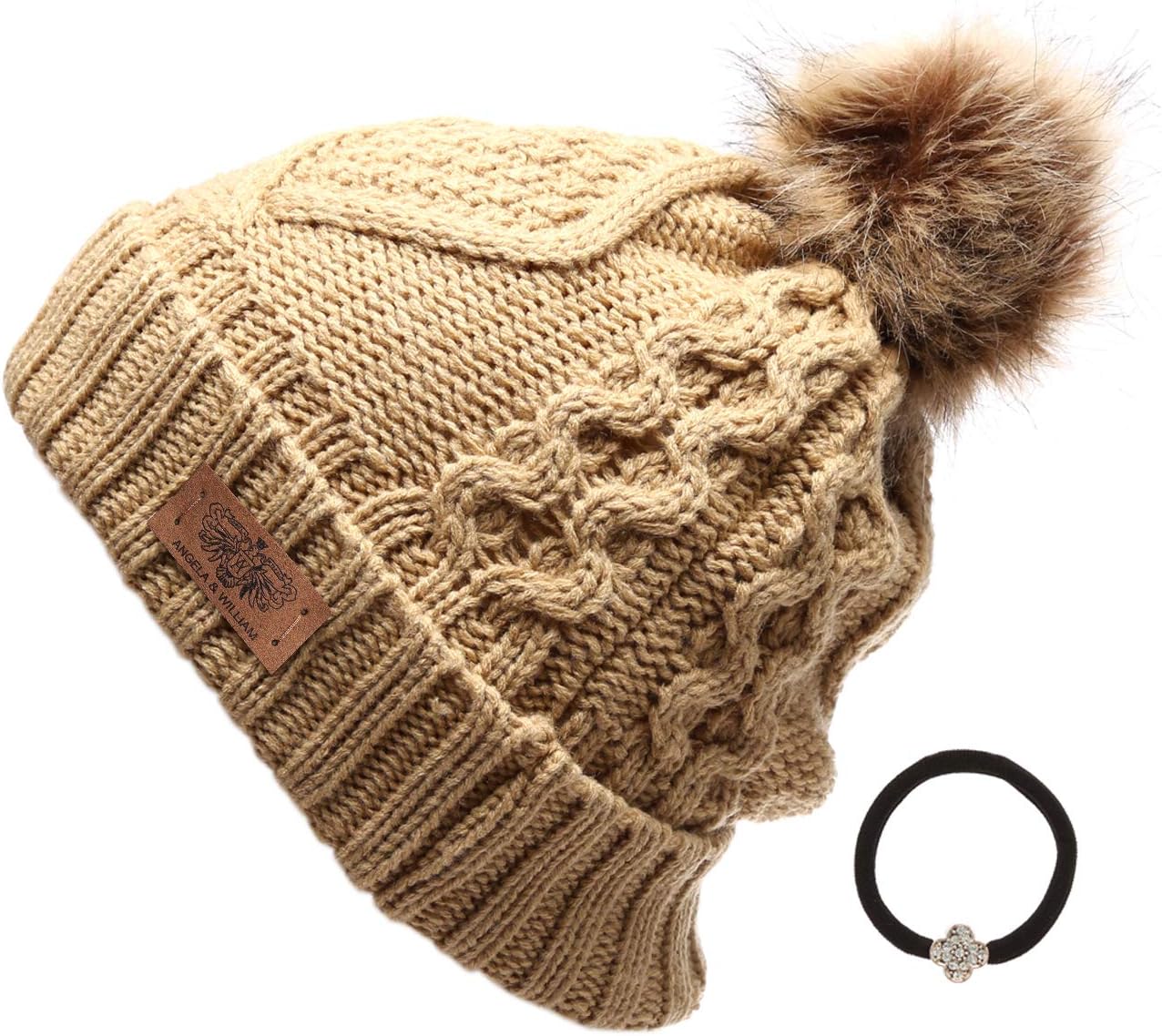 ANGELA & WILLIAM Women's Winter Fleece Lined Cable Knitted Pom Pom Beanie Hat with Hair Tie.