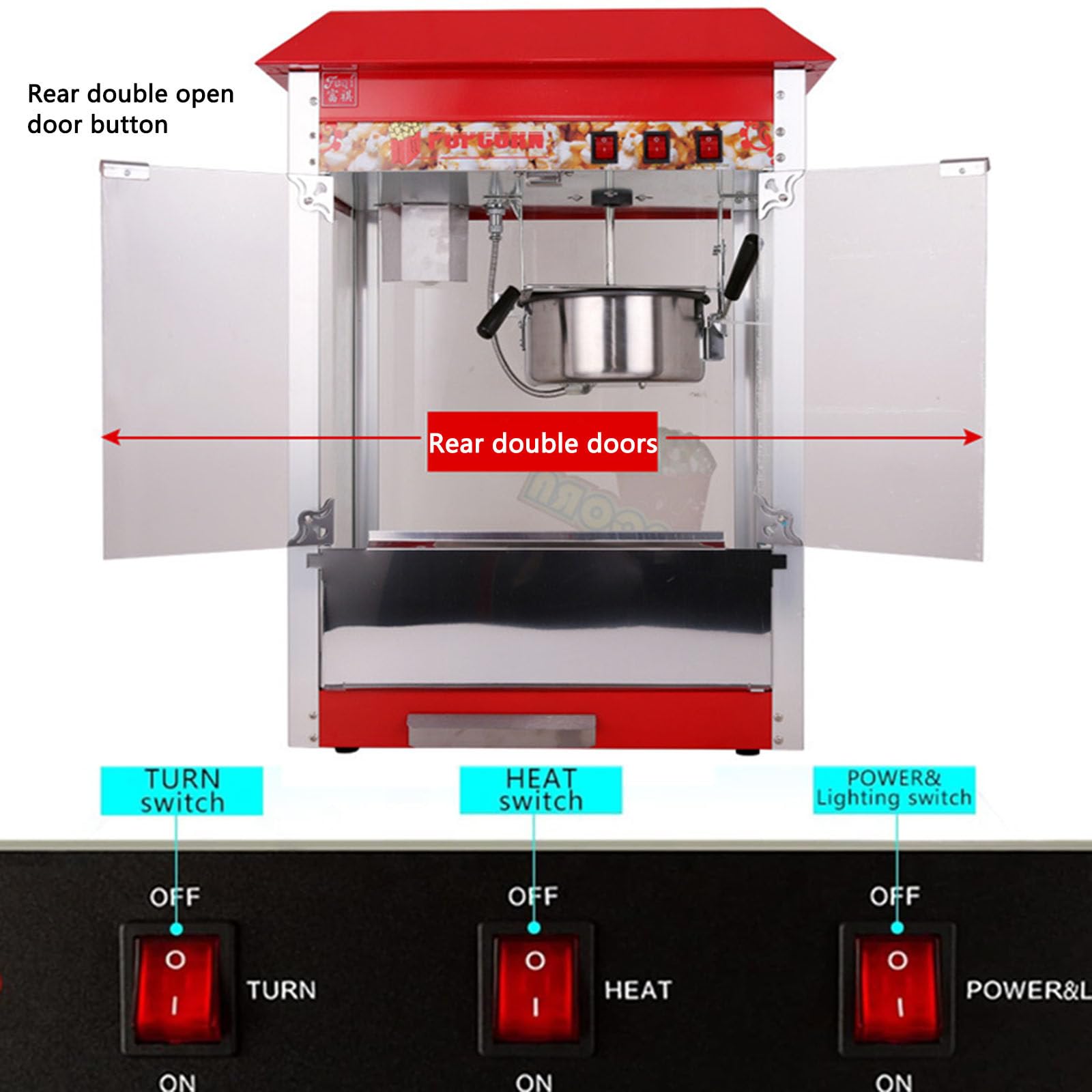 Palomitero,Máquina de Palomitas de maíz de sobremesa | Comercial Doméstico Cine（Tejadillo Rojo, Olla con Revestimiento de Teflón,10 oz,1400 W)