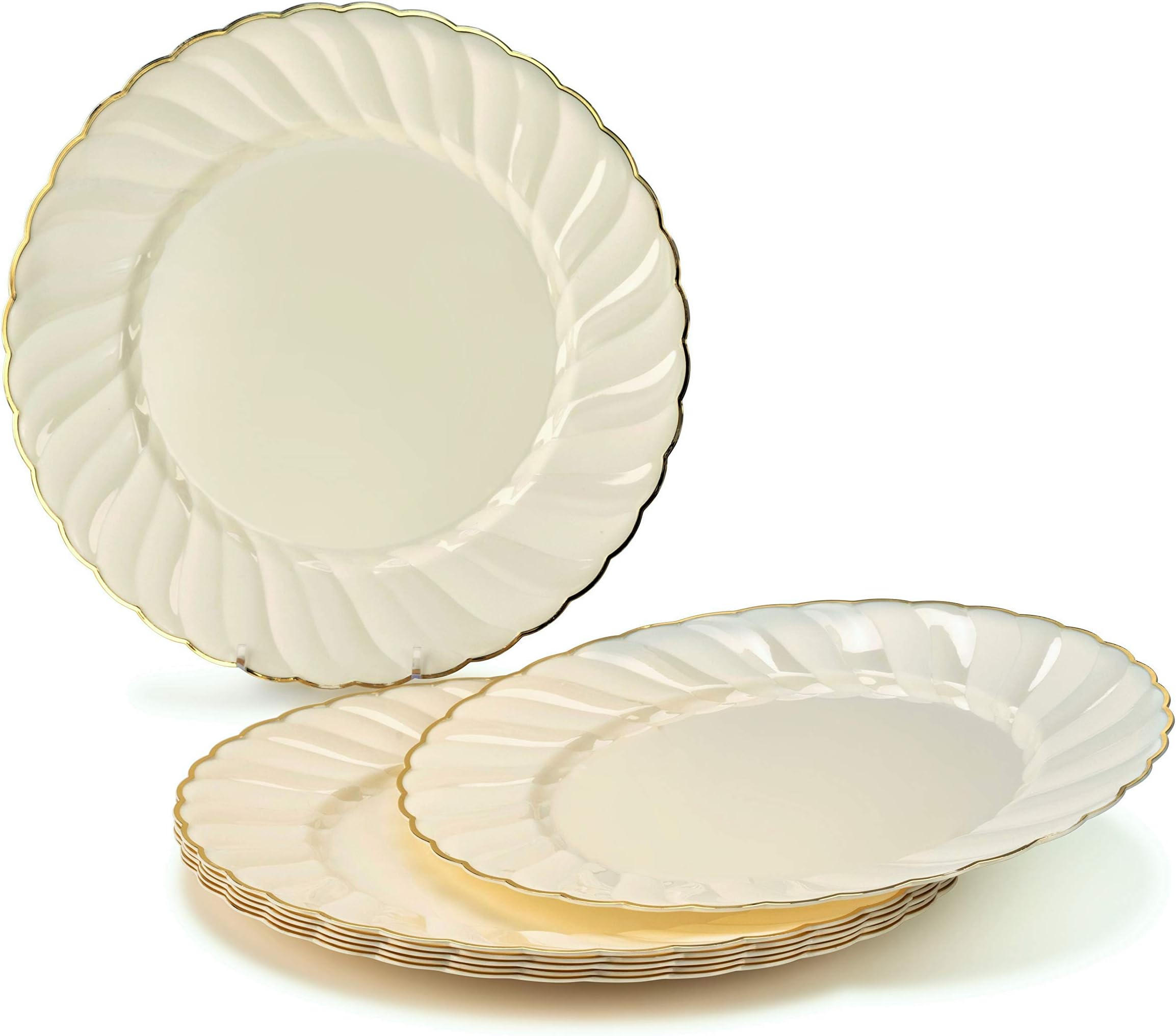 OCCASIONS 720 Pcs set (120 guest) Wedding Disposable Plastic Plate and Silverware Combo 10.25" + 7.5" + Silverware (Double Fork) (Blossom in Ivory & Gold, Gold Silverware)