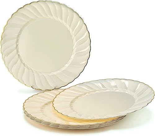 Miniatura 2 de Ocassions - Vajilla de 50-150-200 piezas para 25 invitados, color dorado, D9. Flor marfil y dorado.