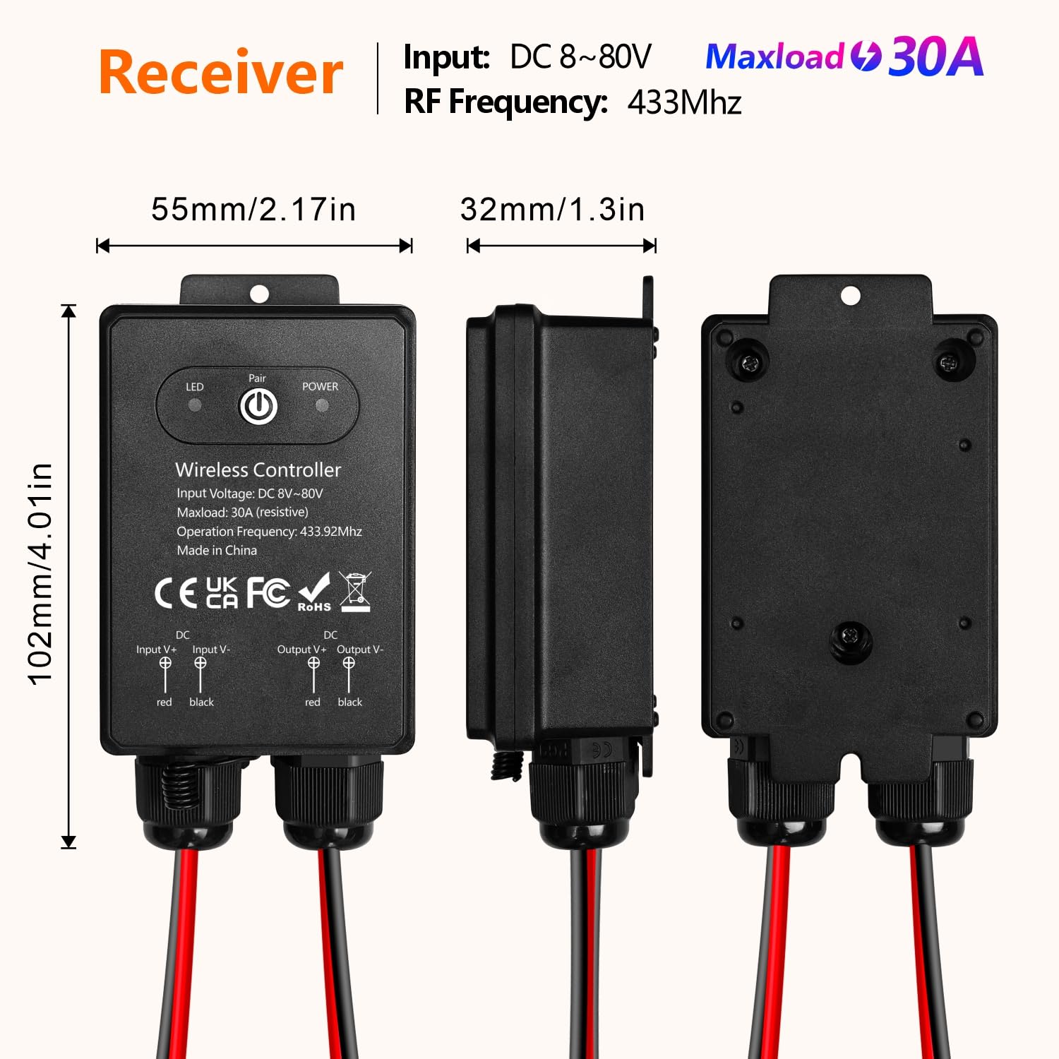 Commutateur à télécommande étanche, 12V/24V/48V/72V DC, Commutateur sans fil, Relais 30A avec portée longue de 50m, luminaires, ventilateurs de plafond et appareils électriques, zones humides