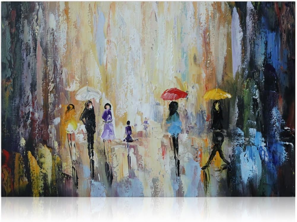 IARTS Pedestrians in Rain 100% Hand-Painted Acrylic Contemporary Paintings Wall Art for Wall Decorations with Frame, Paris Wall Art Painting, 24 X 36 Inch, Ready to Hang