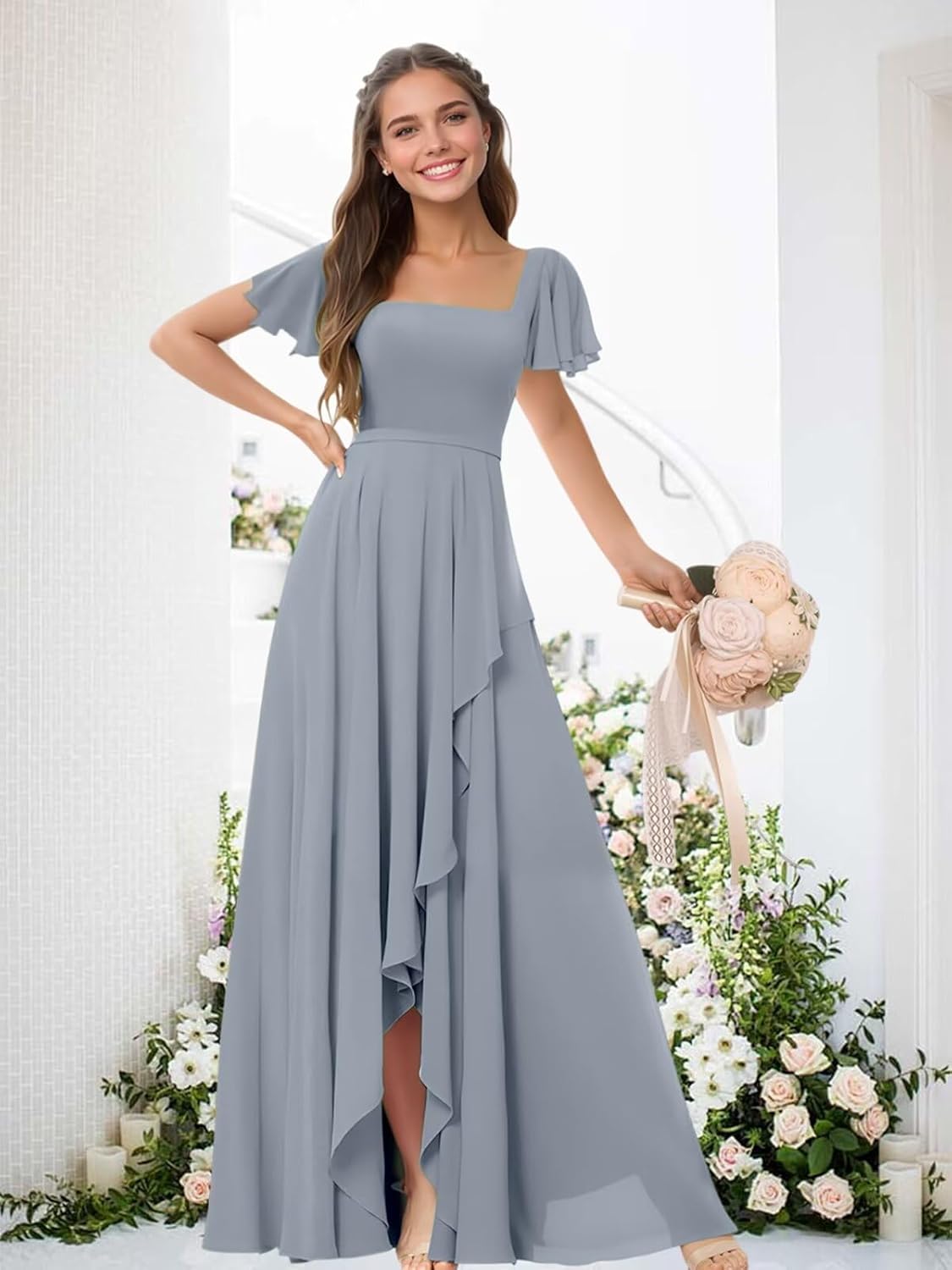 Square Neck Bridesmaid Dresses for Women Chiffon Flutter Sleeves Evening Formal Dress with Slit