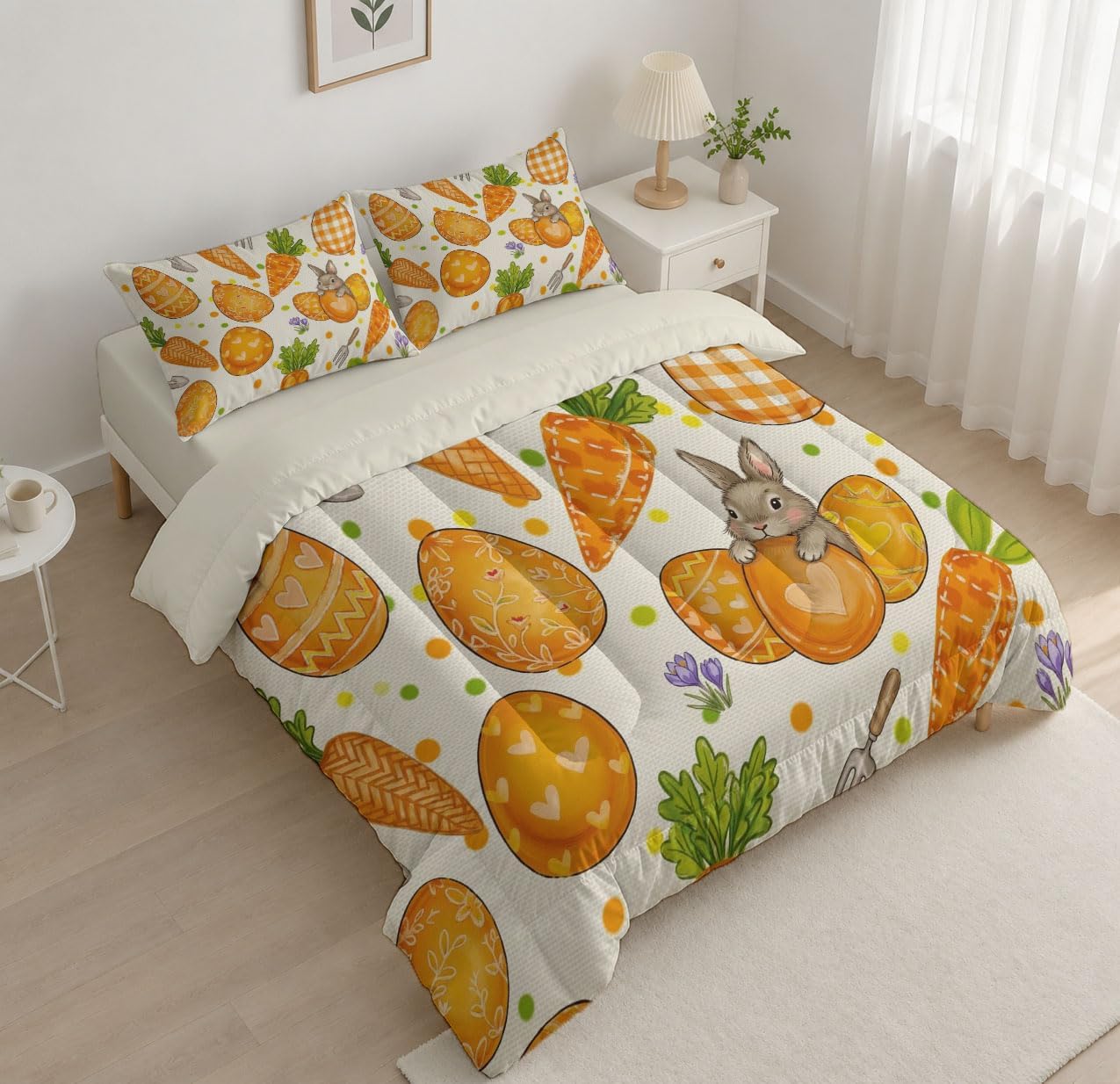 Rural Countryside Quilt Set Twin 3 Pieces, Orange Quilts Bedding Set Rabbit Carrot Bedspread Bed Cover Lightweight Spring Summer Beds Coverlet for All Season - 68"X90"
