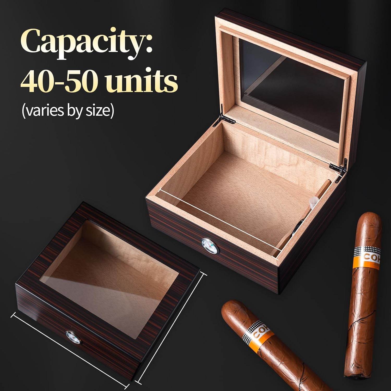 Cigar Humidor,Cigar Case Holds 40-50 Cigars,Modern Glass Top Cedar Humidor Cigar Box with Hygrometer, Humidifier,Handcrafted Cedar Wood Tray and Divider(Ebony)