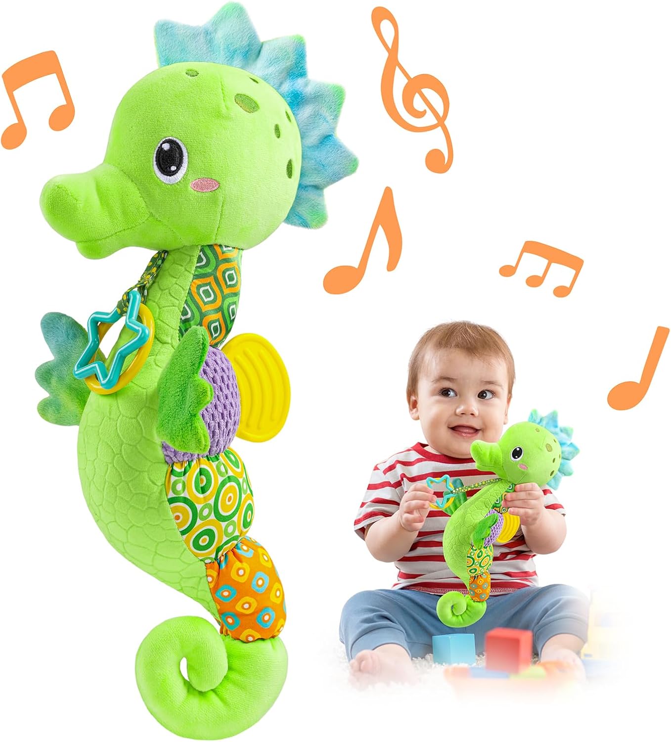 LIGHTDESIRE Baby Toys Musical Caterpillar&Three Color Seahorse Set,Infant Stuffed Animal Toys with Crinkle and Rattles,Soft Sensory Toys with Textures for Tummy Time Newborn Boys Girls 0 3 6 12 Months