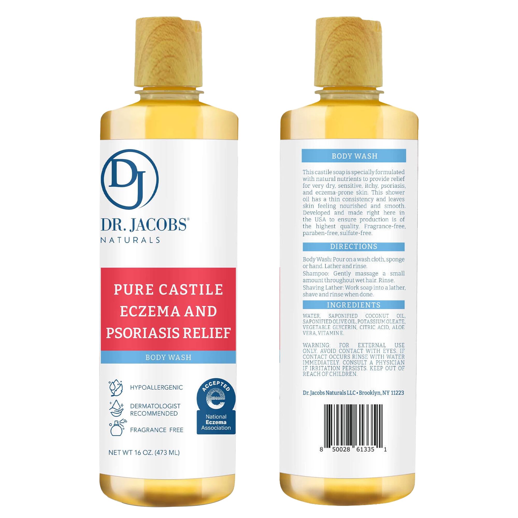 Dr. Jacobs Naturals Hypoallergenic Castile Soap, Dermatologist Tested Unscented Soap for Eczema & Psoriasis Relief - Sensitive Skin Body Wash, Vegan & Gluten-Free Formula for All-Day Hydration -16oz