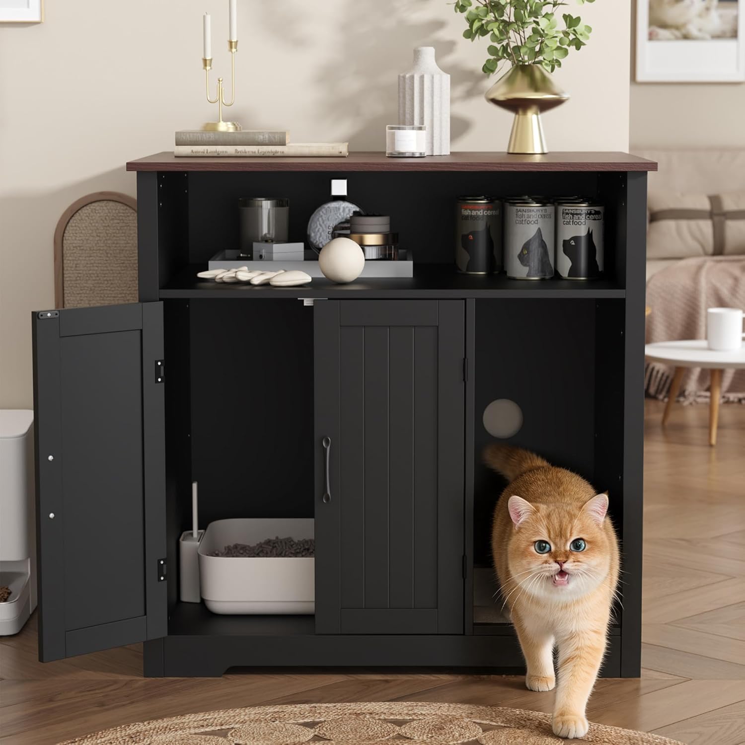 MHOM Large Cat Litter Box Enclosure, Hidden Litter Box Furniture with Scratch Pad and Shelf, Indoor Cats House for Living Room, Black