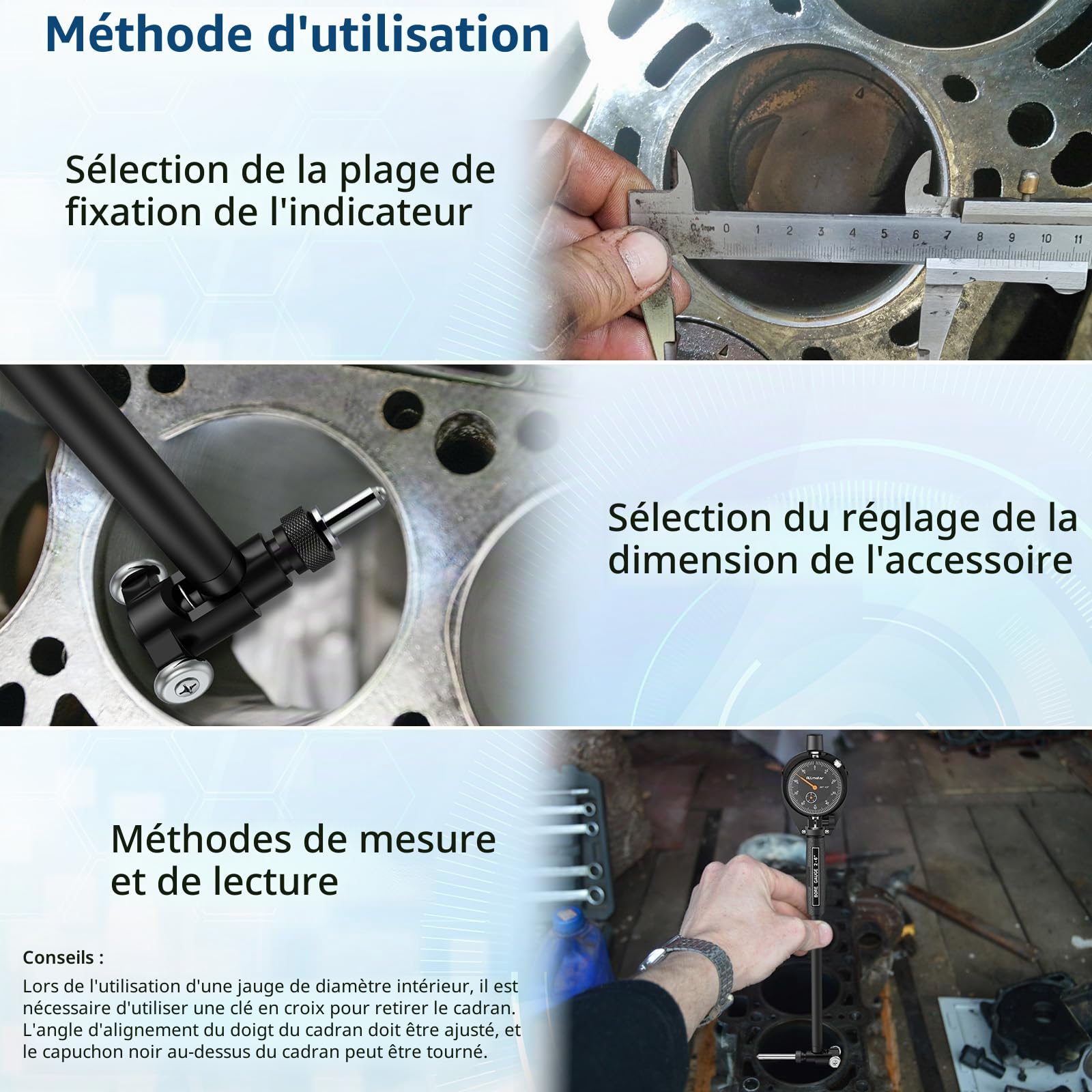 Jauge d'alésage Comparateur mecanique 50-160 mm Profondeur 150 mm Mesure interne outil pour cylindre Précision 0,01 mm Avec Tige de mesure Et 12 Sondes standard