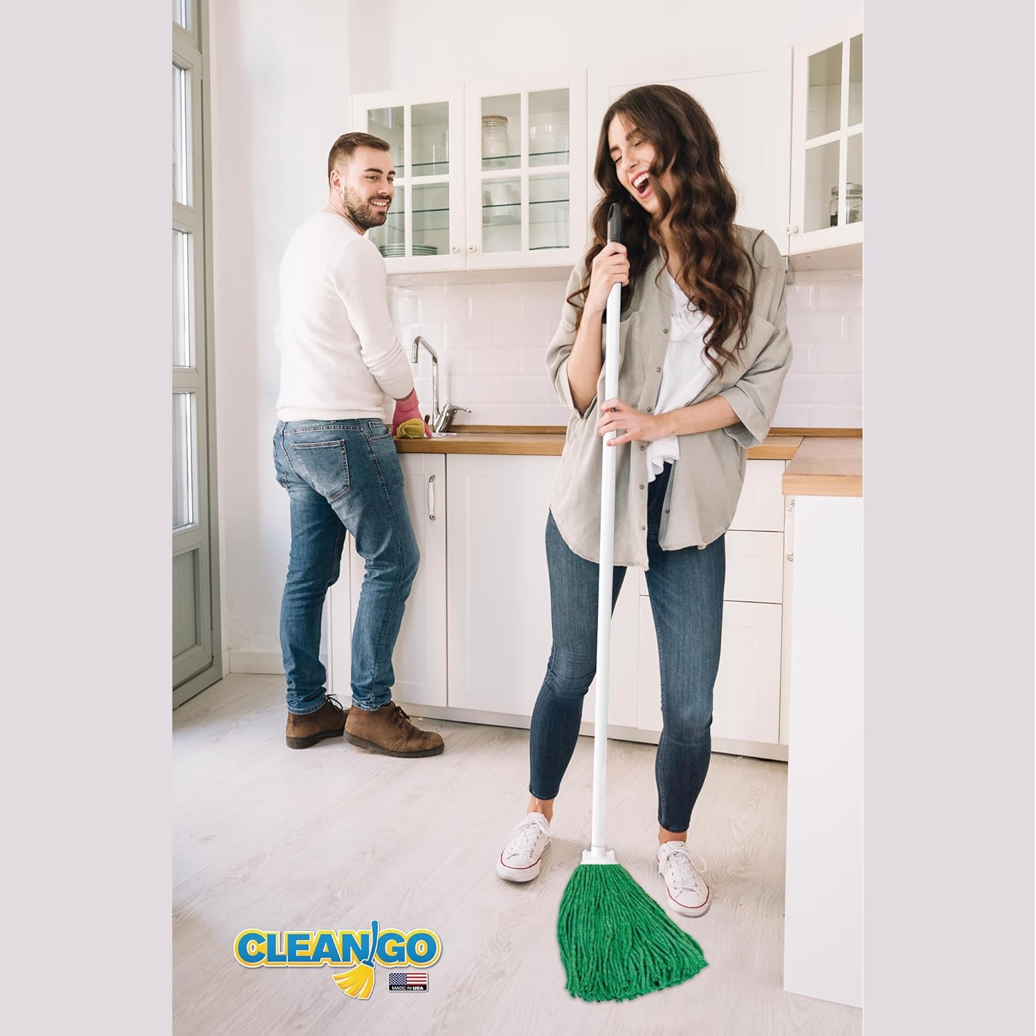 String MOP 100% Cotton, 43" Handle String Mop for Floor Cleaning with Scrubber, Hand Made in the USA for Ecofriendly Cleaning, Ultra Absorbent, Easy to Use and Clean, Machine Washable. (Green)