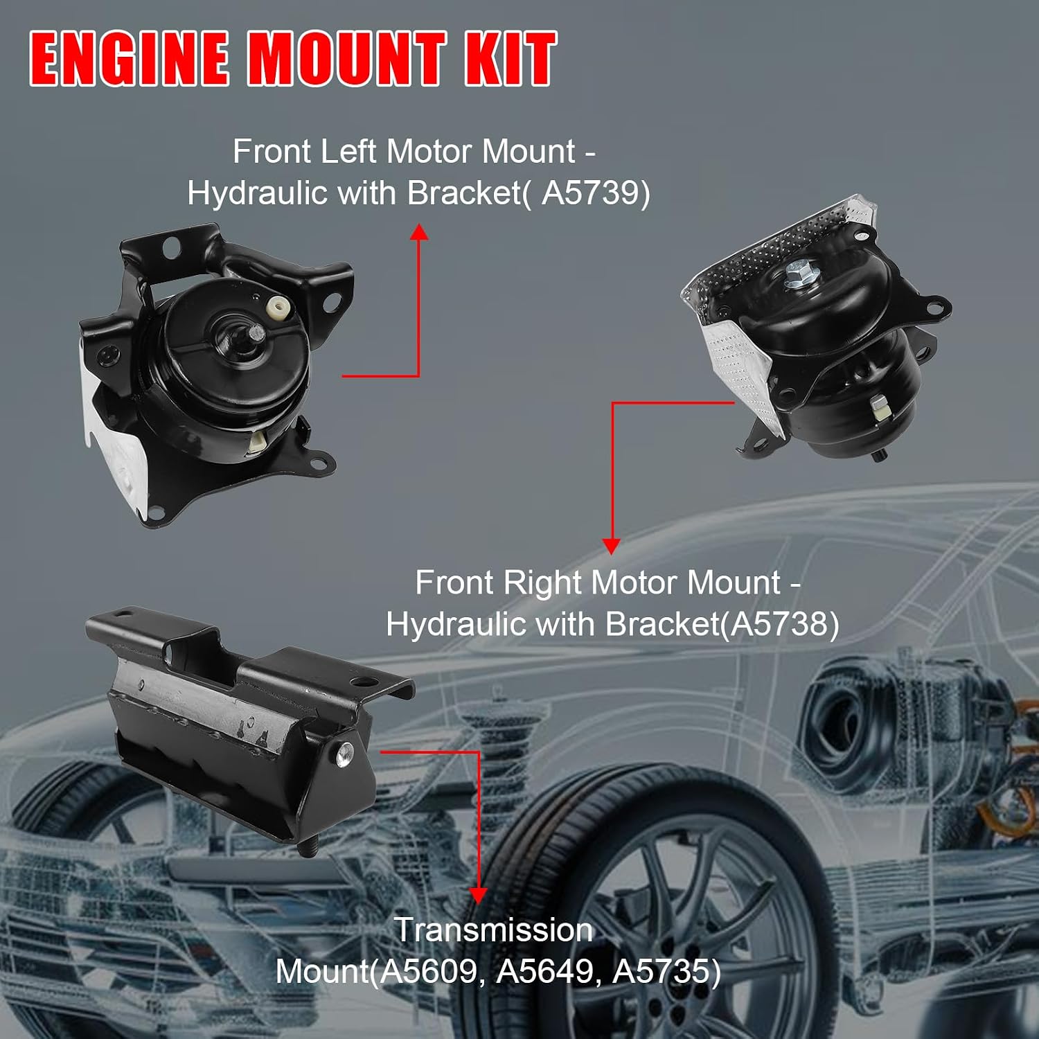 3Pcs Engine Motor & Transmission Mount Kit Replacement for Cadillac Escalade 2015-2019 GMC Yukon 6.2L 4WD Replace A5738, A5739, A5735
