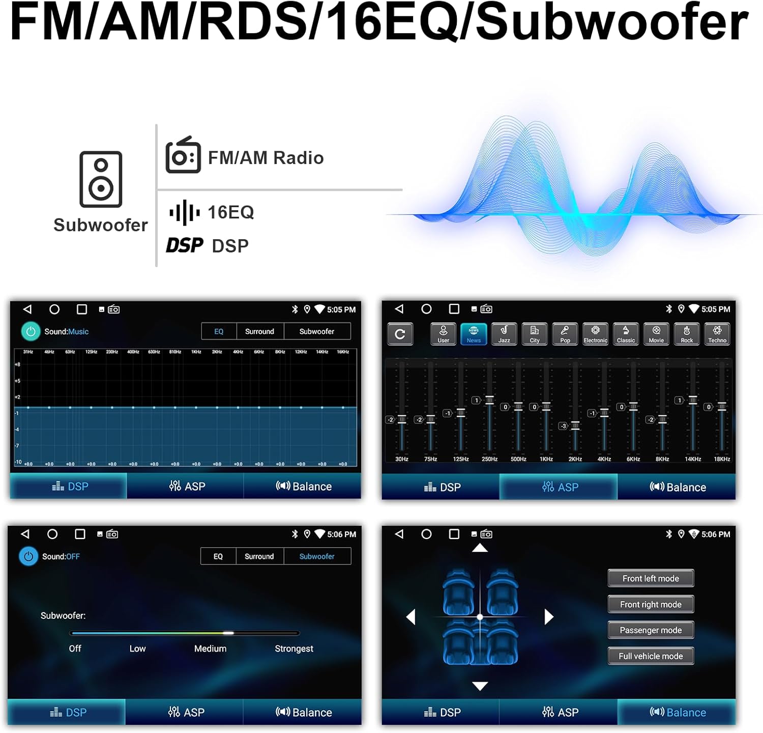 Screenshots of the equalizer and subwoofer settings