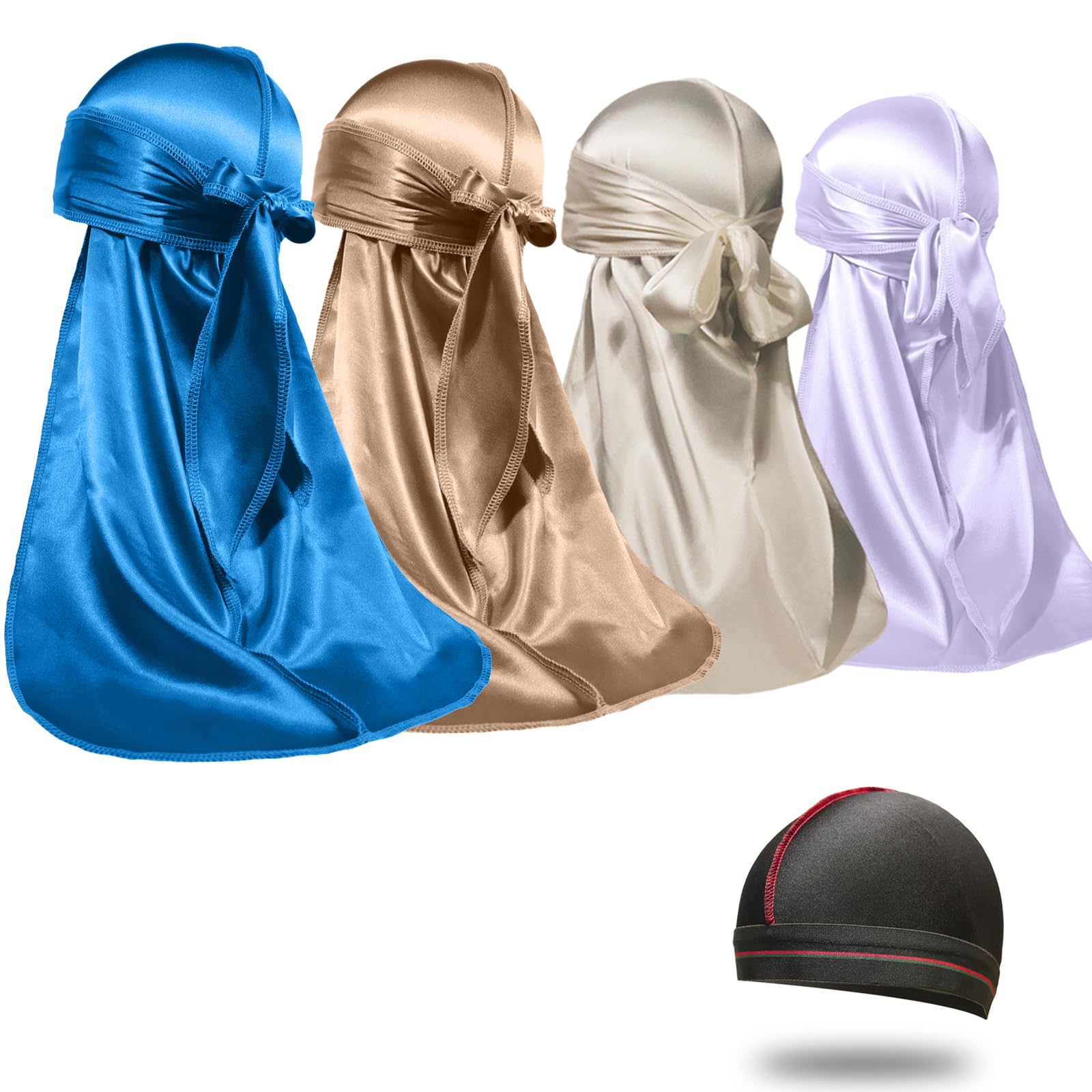 ForceWave 4PCS Silky Durags for Men Women 360 Waves with 1 Wave Cap | Silky Satin Moisture-Tech Fabric, Extra Long Tails, Unisex Fit, for Workouts, Cycling and Wave Training
