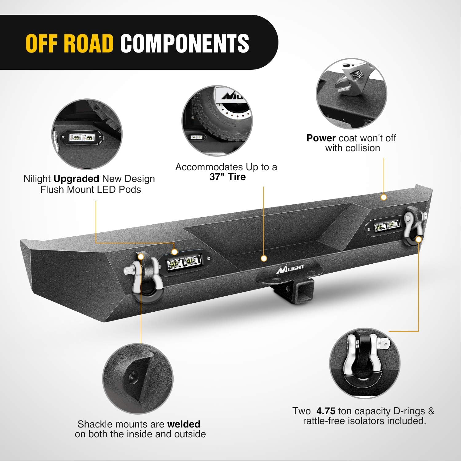 Nilight Rear Bumper Compatible for 1987-2006 Jeep Wrangler TJ&YJ,Rock Crawler Bumper with Hitch Receiver & 2X Nilight Upgraded 40W LED Lights Off Road Textured Black