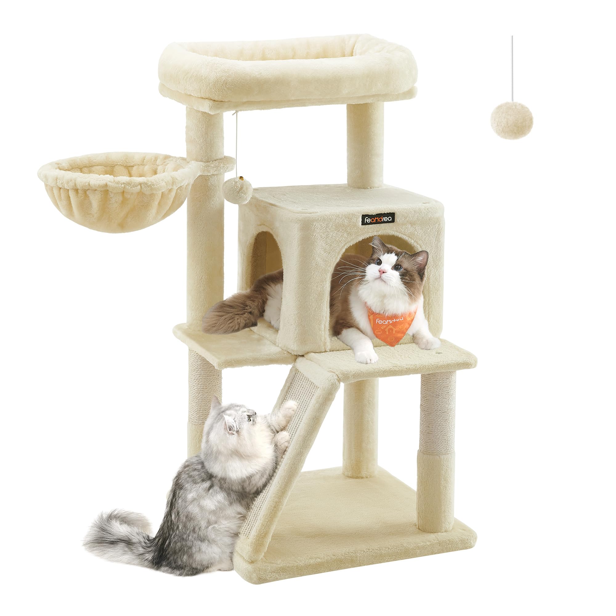 Feandrea Cat Tree with Scratching Ramp, Cat Cave and Plush Perch | Cat Condo and Raised Cat Bed, 48 x 48 x 96 cm, Holds 3 Cats, Summer Sand, Clawfy Collection PCT51M