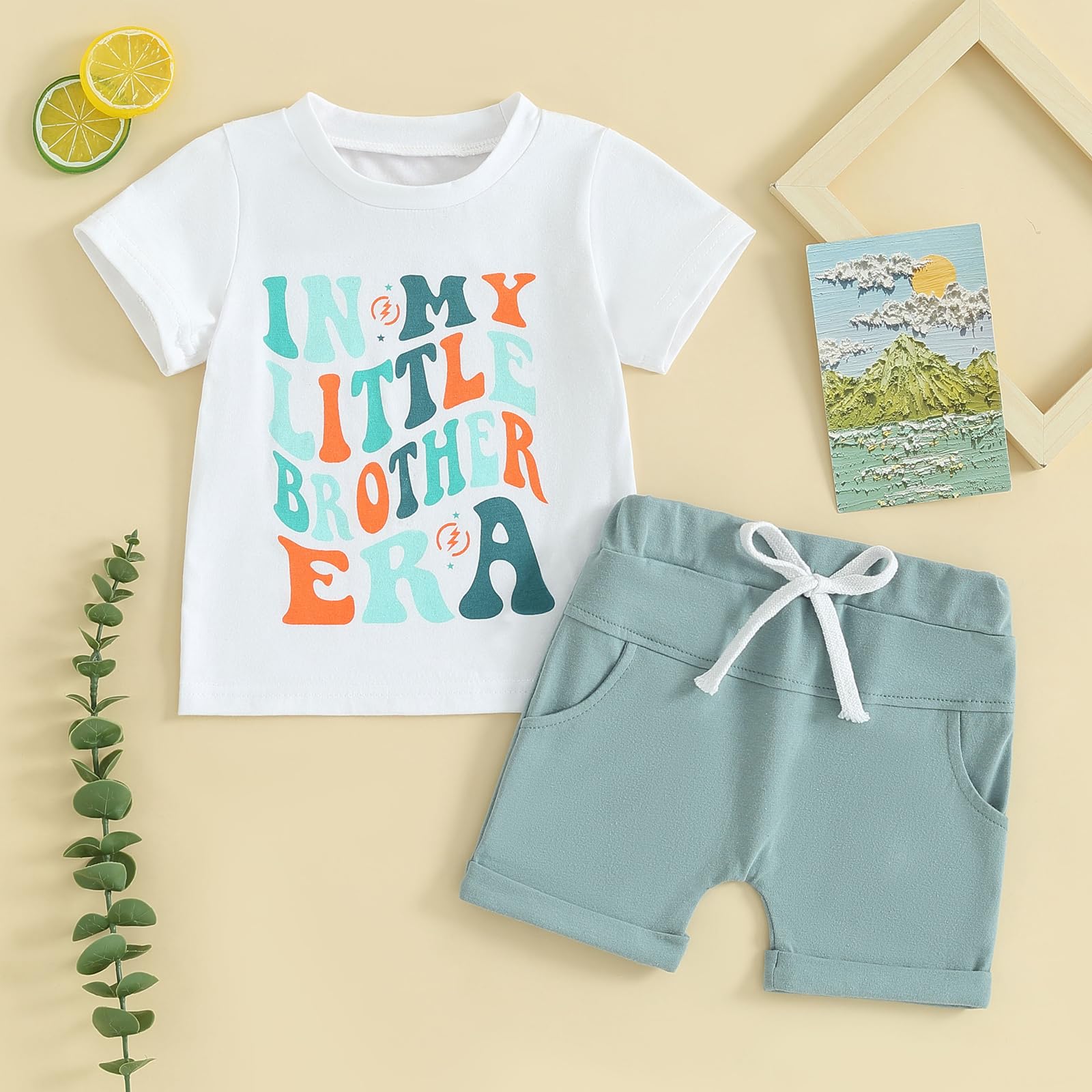 CHAUKAREAUL Big Brother Little Brother Matching Outfits Letter Print Crewneck Short Sleeve Shirt Tops Shorts Set (Blue Little Brother, 12-18 Months)