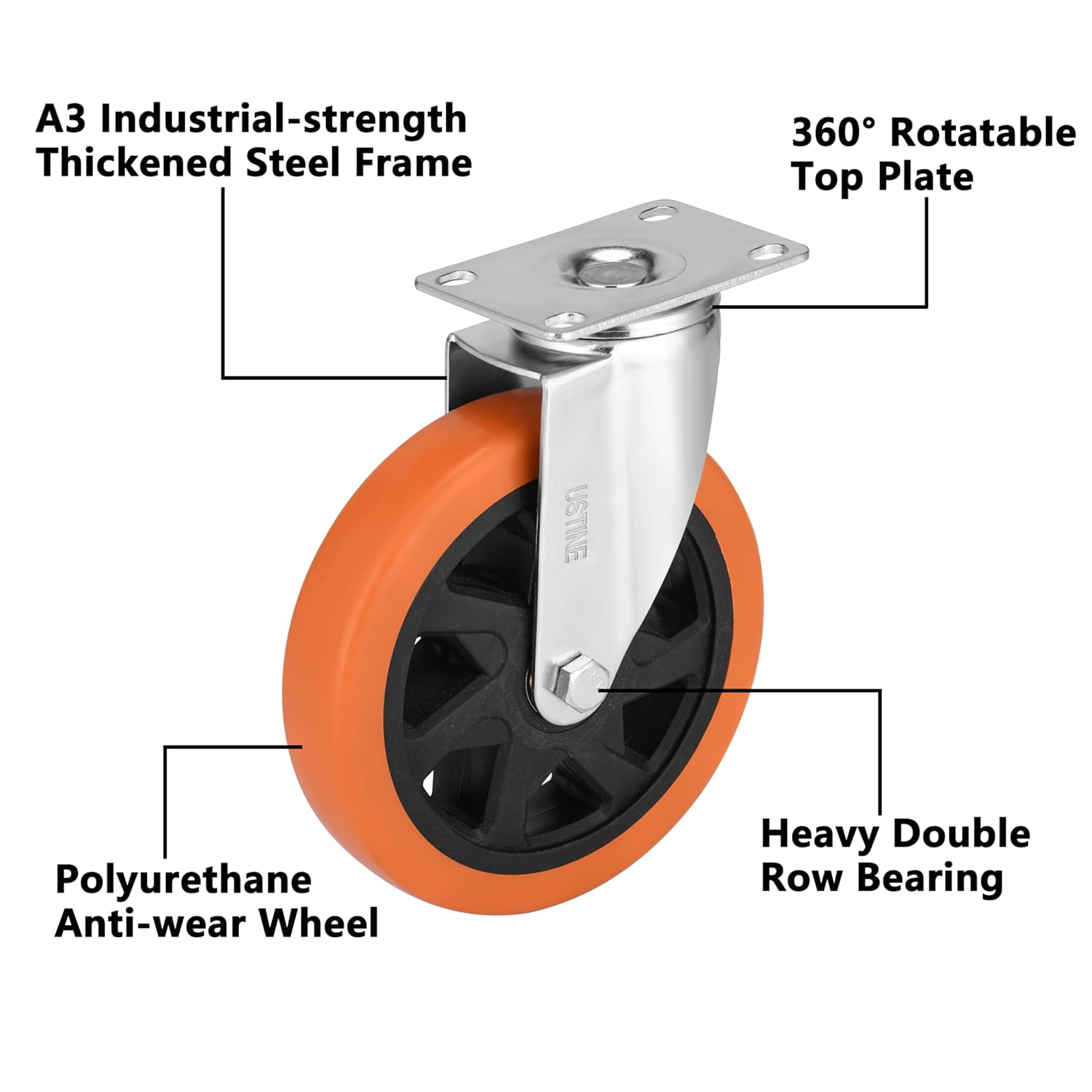 6 Inch Caster Wheels Set of 4 (2 Rigid, 2 Swivel), Ball Bearing 360 Degree Plate Swivel Castors Wheel Load 3000 lbs, Casters for Furniture, Workbench, Dolly, Cart