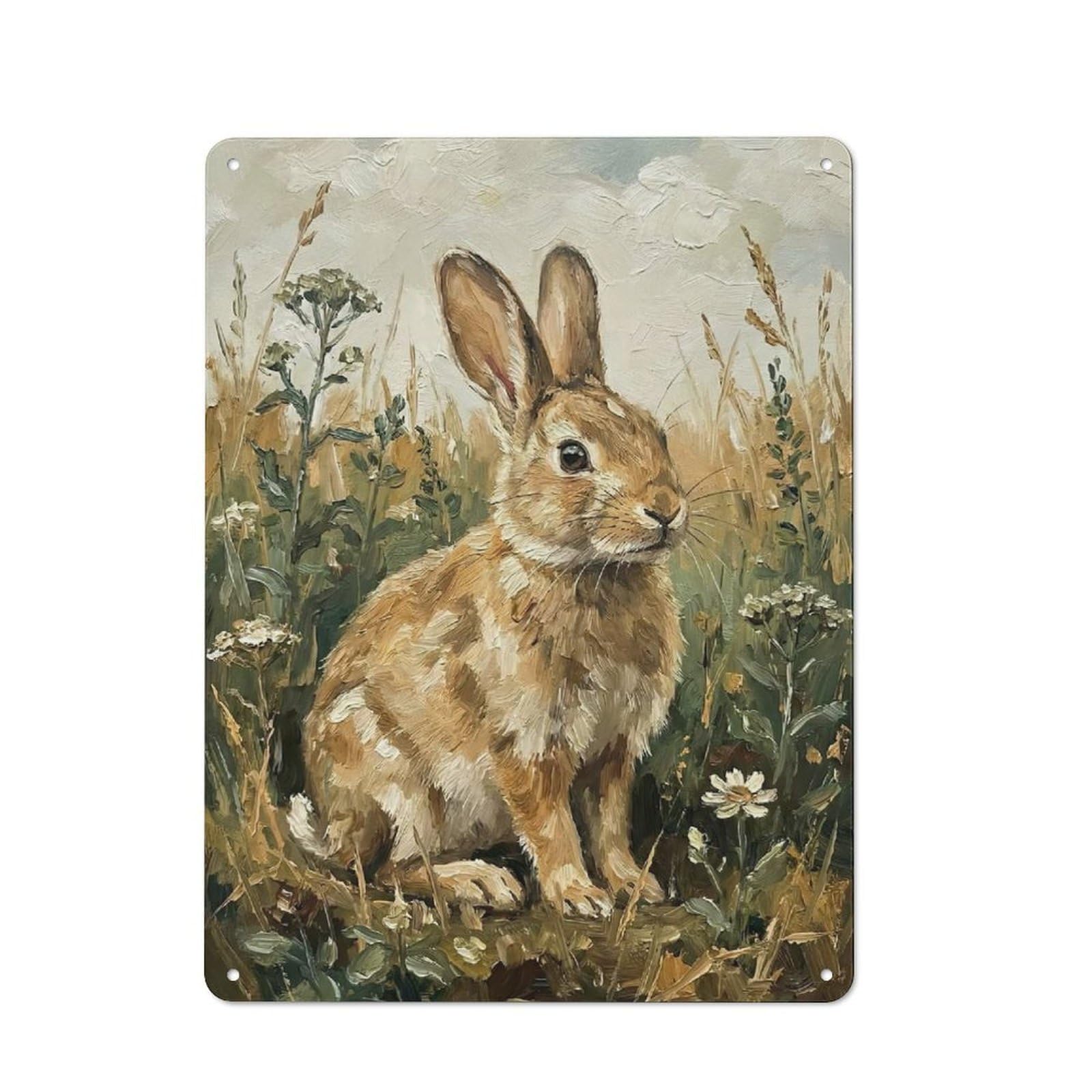 Junmoney Style-15 Painting Of A Rabbit In Tall Grass Workshop Style Metal Wall Decor 40X30cm, Decorative Metal Plaque For Garage, Workshop, Shed Or Utility Room