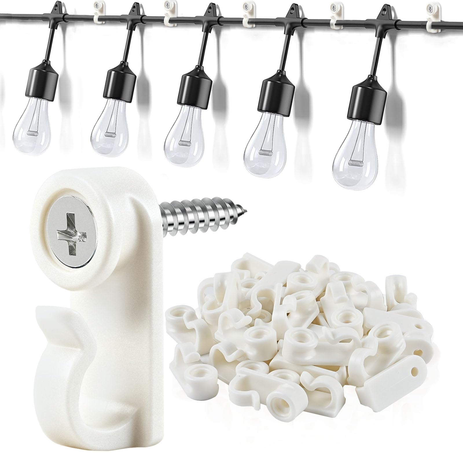 50 Pack Hooks for Outdoor String Lights, Christmas Light Clips bulk with Screw, Weatherproof Light Hanger Hooks for Hanging Christmas Lights,Wall Cable,Fairy Lights on Fence Patio Gutter (White)