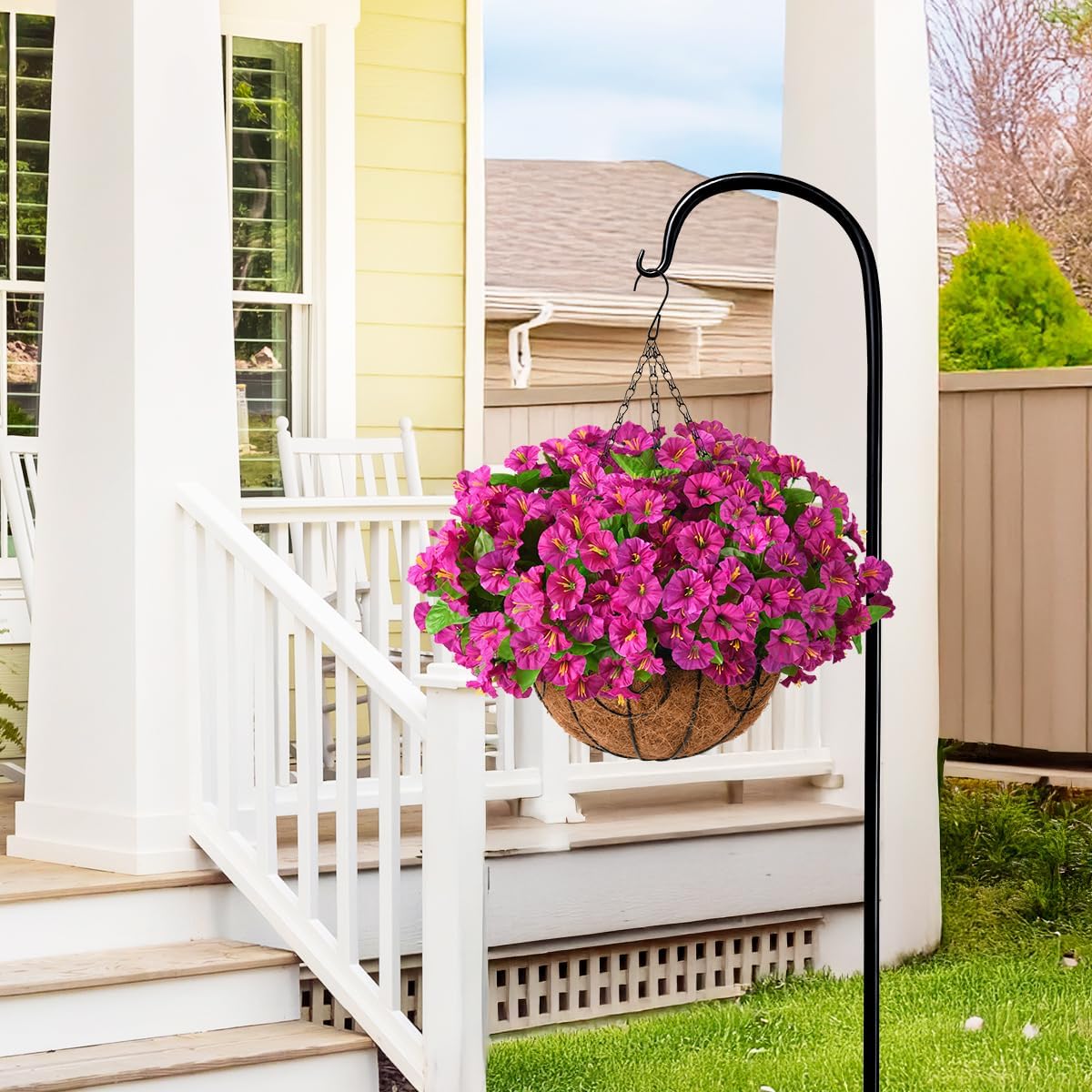Homsunny Artificial Hanging Flowers Plants with Basket for Outdoors - Fake Petunias Flowers Fake Silk Morning Glory Planter for Outside Porch Patio Balcony Garden Spring Summer Decor(Purple red) - Image 3
