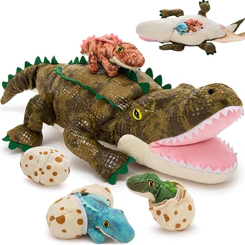 Miniatura 12 de MorisMos - Animal de peluche de dinosaurio con bebés, mamá dino T-rex de 23.6 pulgadas con 3 juguetes de peluche de bebé dino y 3 huevos de peluche