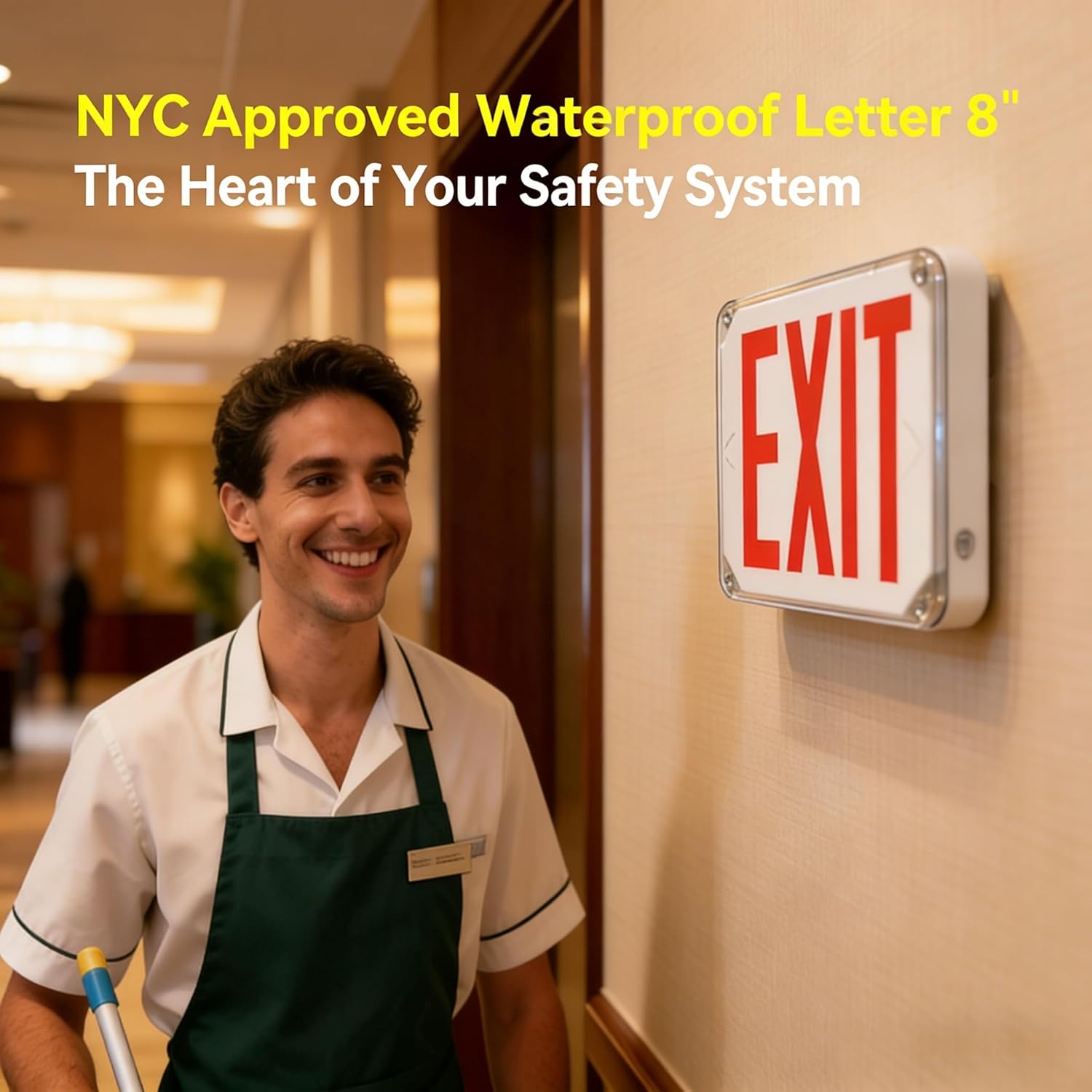 NYC Approved Waterproof Emergency Exit Sign with Battery Backup, Red, 90 Min Duration, Universal Voltage (120-277VAC), 8” Height Letter, 90 Min Backup, Viewing Distance 100FT, Suitable for Office Buildings, Hotels, Hospitals, Warehouse, UL Listed