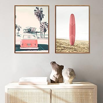Amazon Co Jp 北欧ミニマリストレトロ風景キャンバス絵画写真ピンク車サーフボードポスター印刷壁アートリビングルームの家の装飾 60 90 センチメートル 2 個フレームレス ホーム キッチン