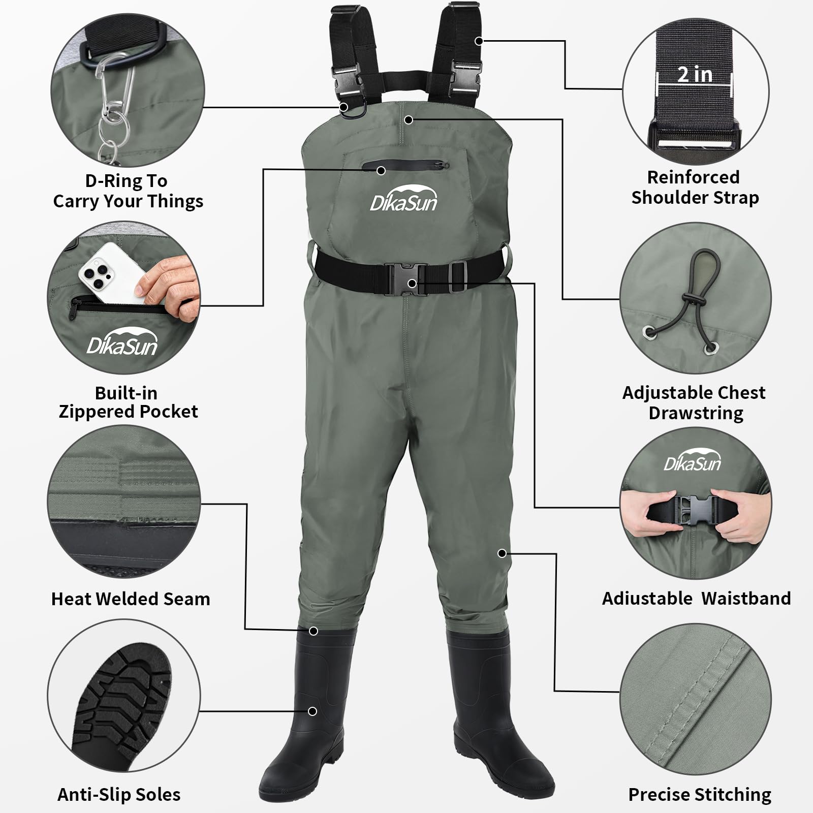Fishing Waders for Men & Women, Waterproof 2-Ply Nylon/PVC Chest Wader with Boots for Outdoor Sizes 4-13 Bootfoot