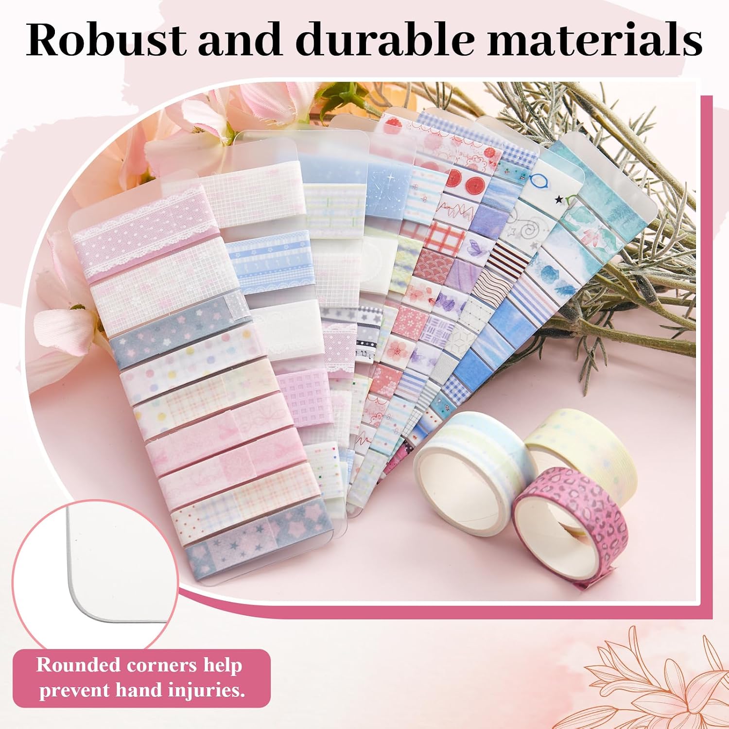 Crtiin 80 Pcs Washi Tape Organizer Cards with Storage Box, Semi Translucent Plastic Tape Holder Dispenser Board with Arc Corners for Scrapbooking, Art Crafts, Travel Journal Display