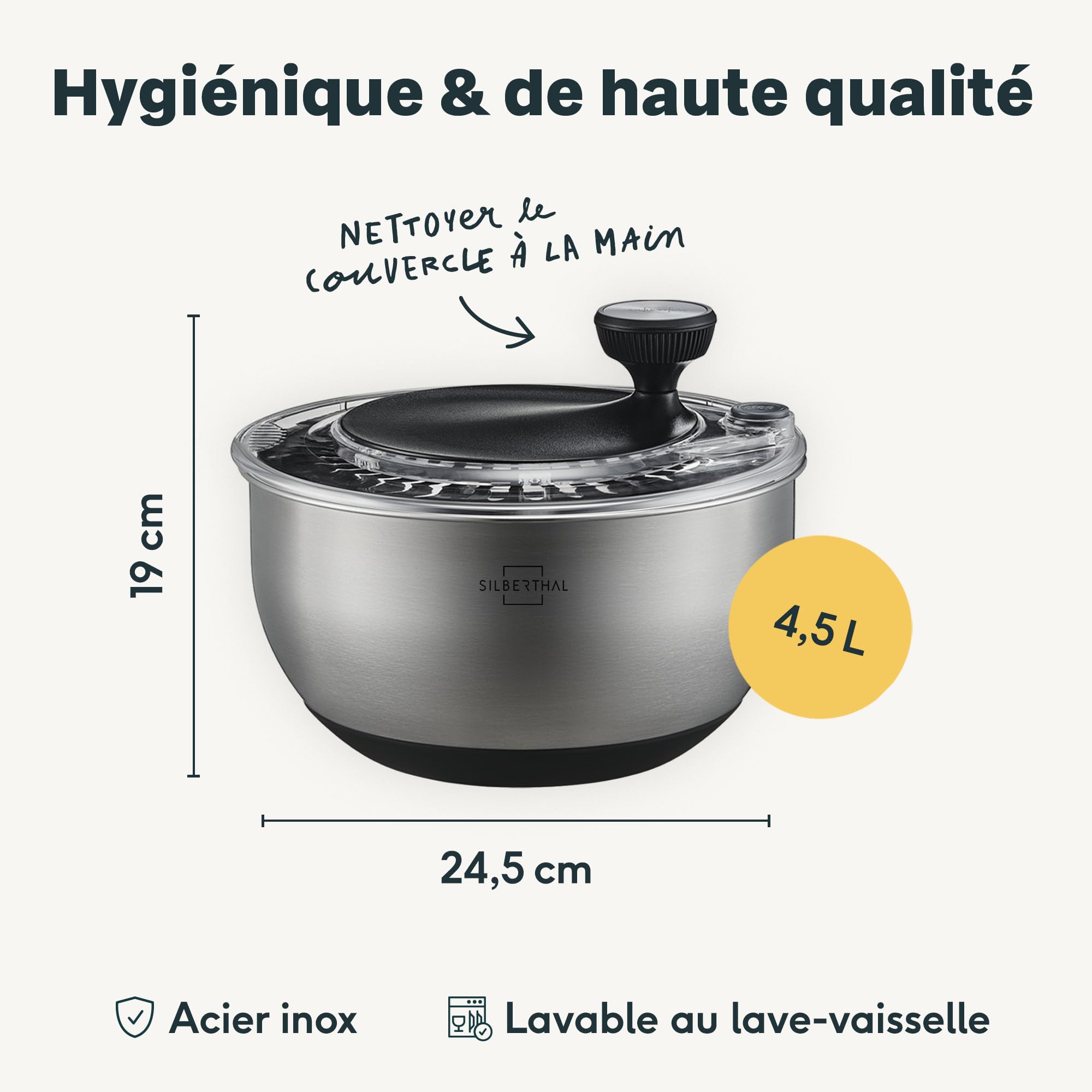 SILBERTHAL Essoreuse à Salade en Acier Inoxydable avec Couvercle de 4,5 l et Fond antidérapant – Spinner à Salade avec manivelle et Bouton d'arrêt – sans BPA et Passe au Lave-Vaisselle