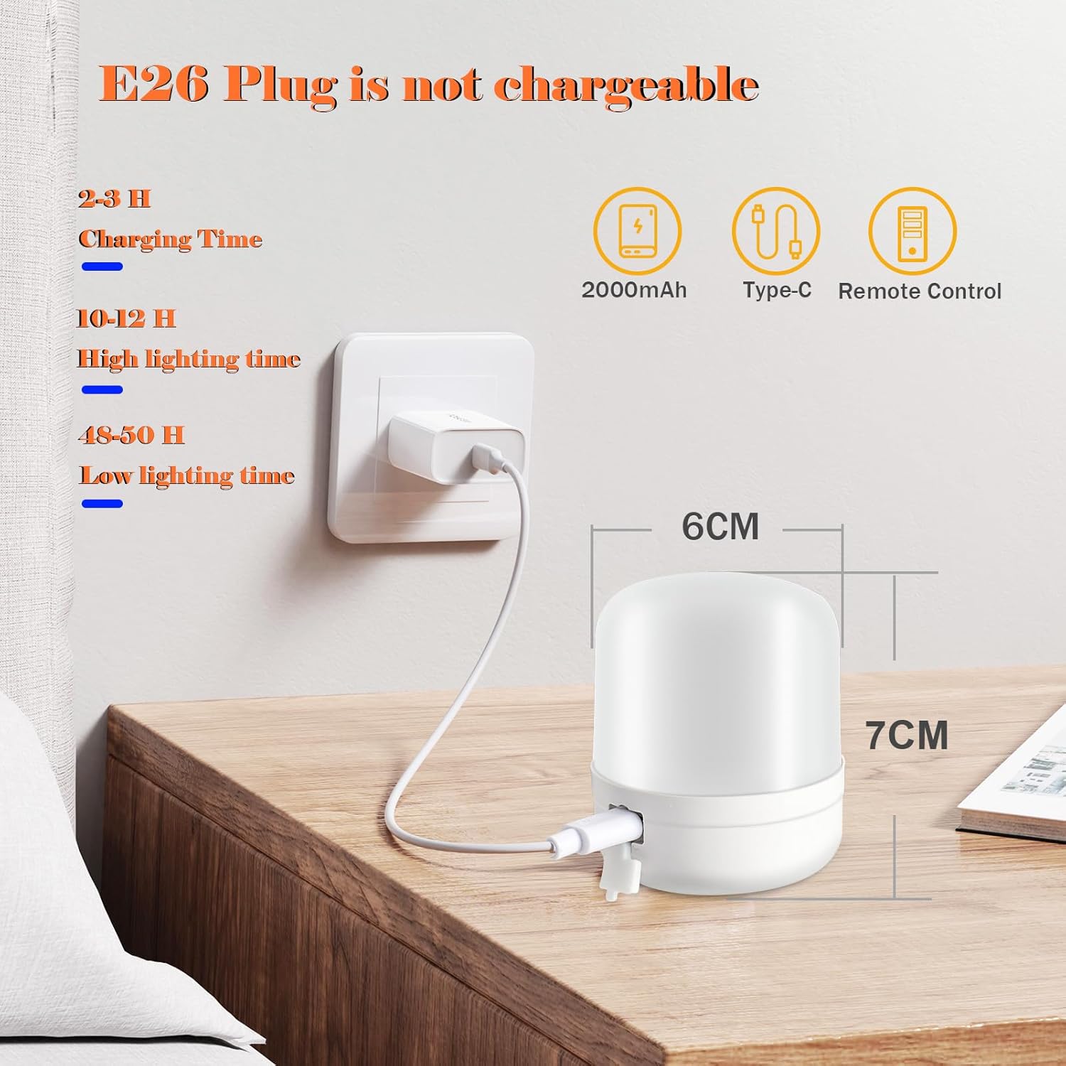 Wireless Bedside Table Lamp with 2 Pcs E26 RGB Rechargeable Battery Bulb, Remote Control, Dimmable, Timer, Cylindrical Fabric Light for Living Room, Bedrooms, Reading, Night Lighting